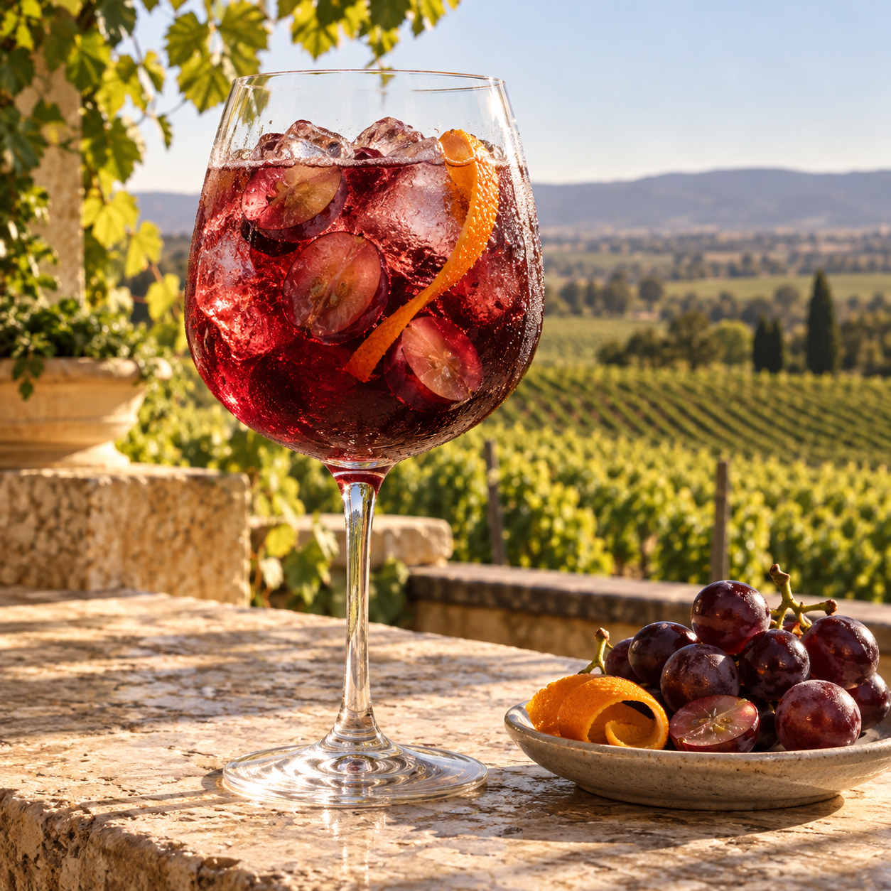 Prohibition Field Blend Shiraz Gin served with Fentimans Pink Grapefruit Tonic Water, garnished with Red Grape Cluster and Orange twist
