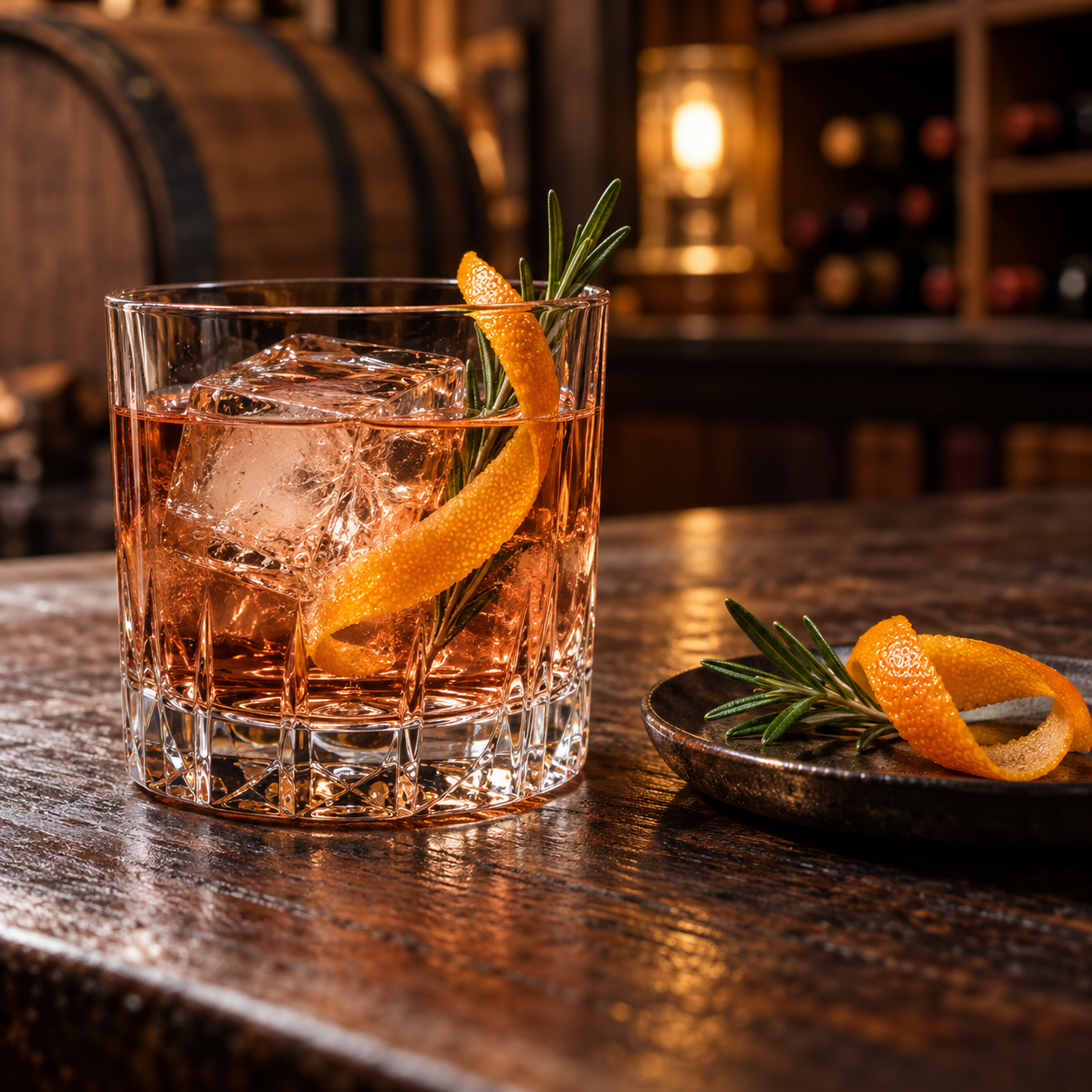 Prohibition Barrel Aged Gin servi avec Thomas Henry Aromatic Tonic Water, agrémenté de zeste d'orange et brin de romarin