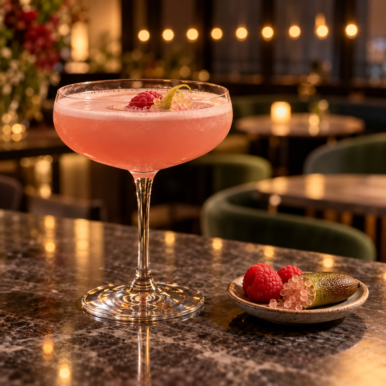 Prohibition 10 Year Anniversary Gin served with Double Dutch Indian Tonic Water, garnished with Raspberry and Finger Lime