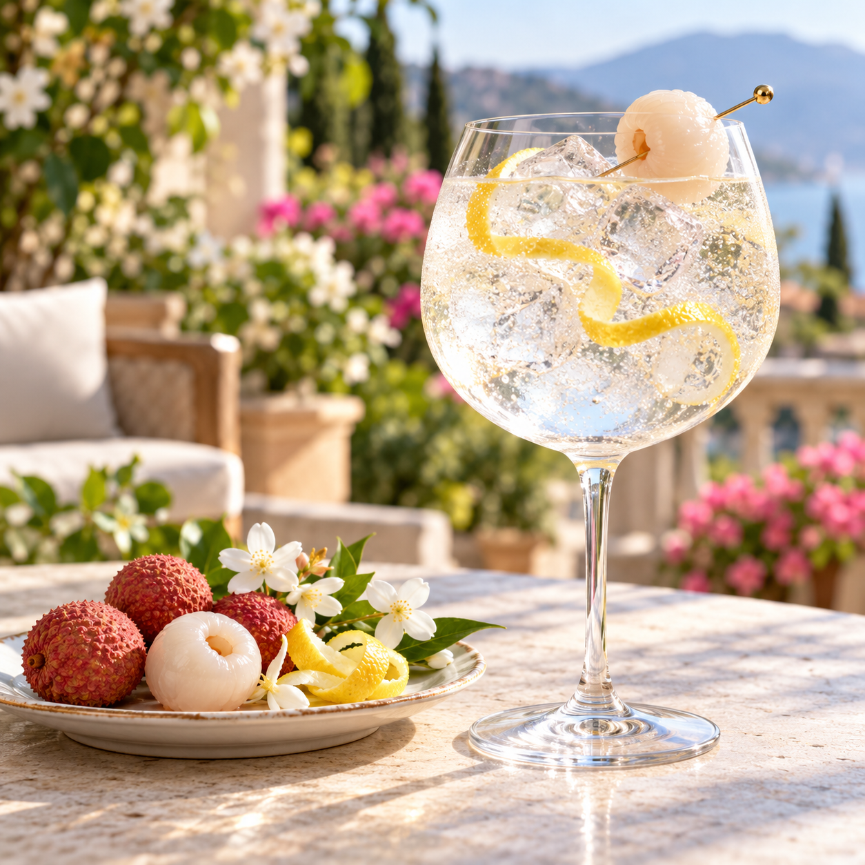 Imperfect Spirits Lychee Gin servi avec Fever-Tree Elderflower Tonic Water, agrémenté de litchi et zeste de citron
