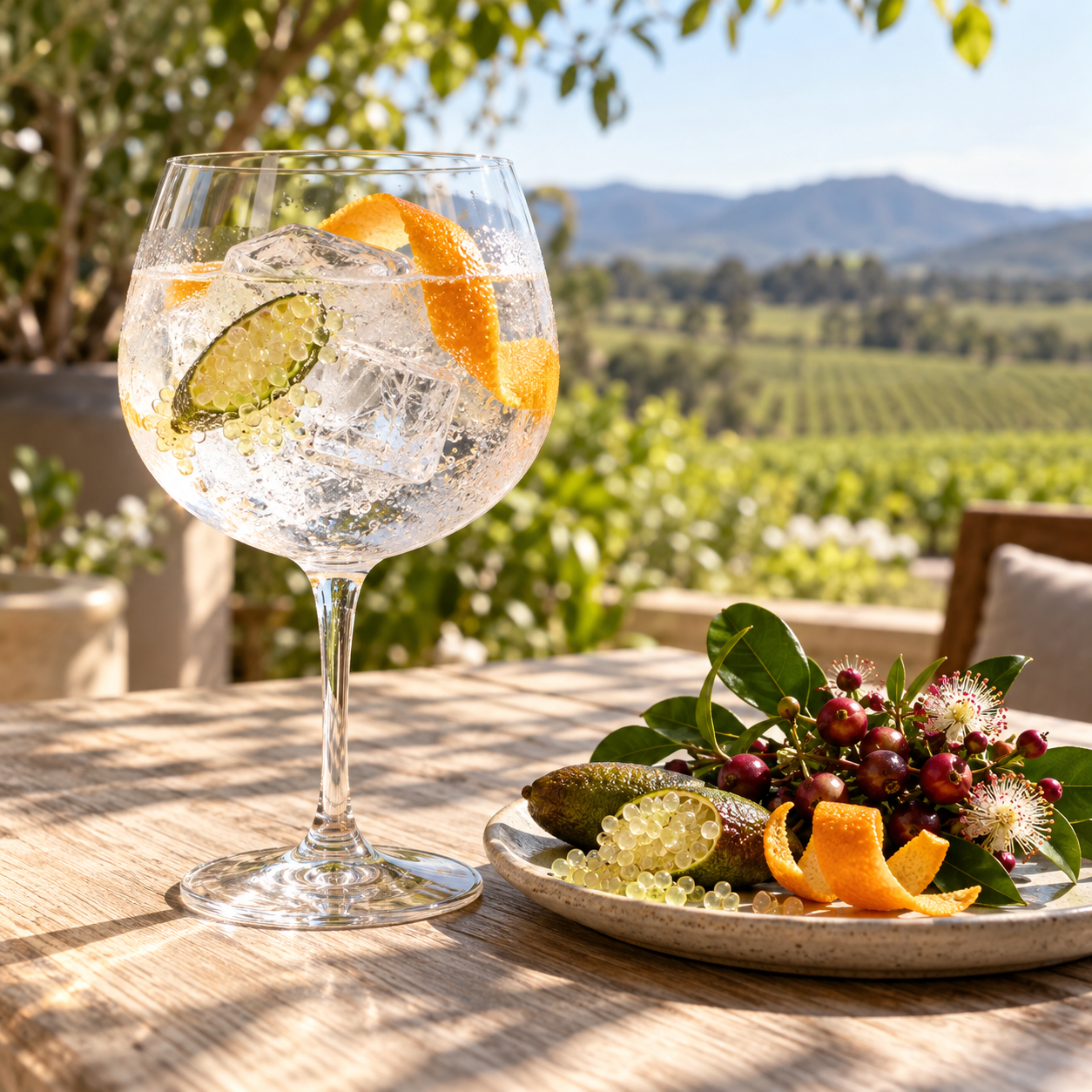 Hunter Distillery Native Gin served with Fever-Tree Mediterranean Tonic Water, garnished with Finger Lime and Orange twist