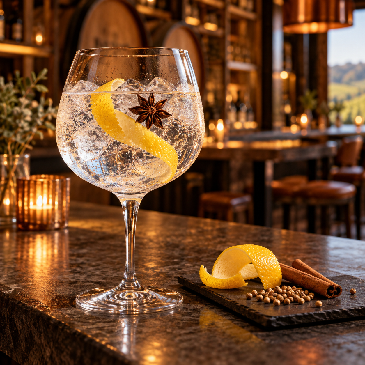 Hunter Distillery Copperwave Gin served with Fever-Tree Mediterranean Tonic Water, garnished with Lemon Peel and Star Anise