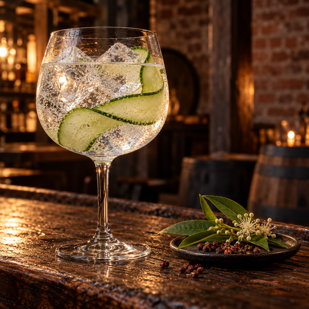 Hunter Distillery Jail House Gin served with Fever-Tree Mediterranean Tonic Water, garnished with Cucumber Ribbon and Lemon Myrtle Leaf