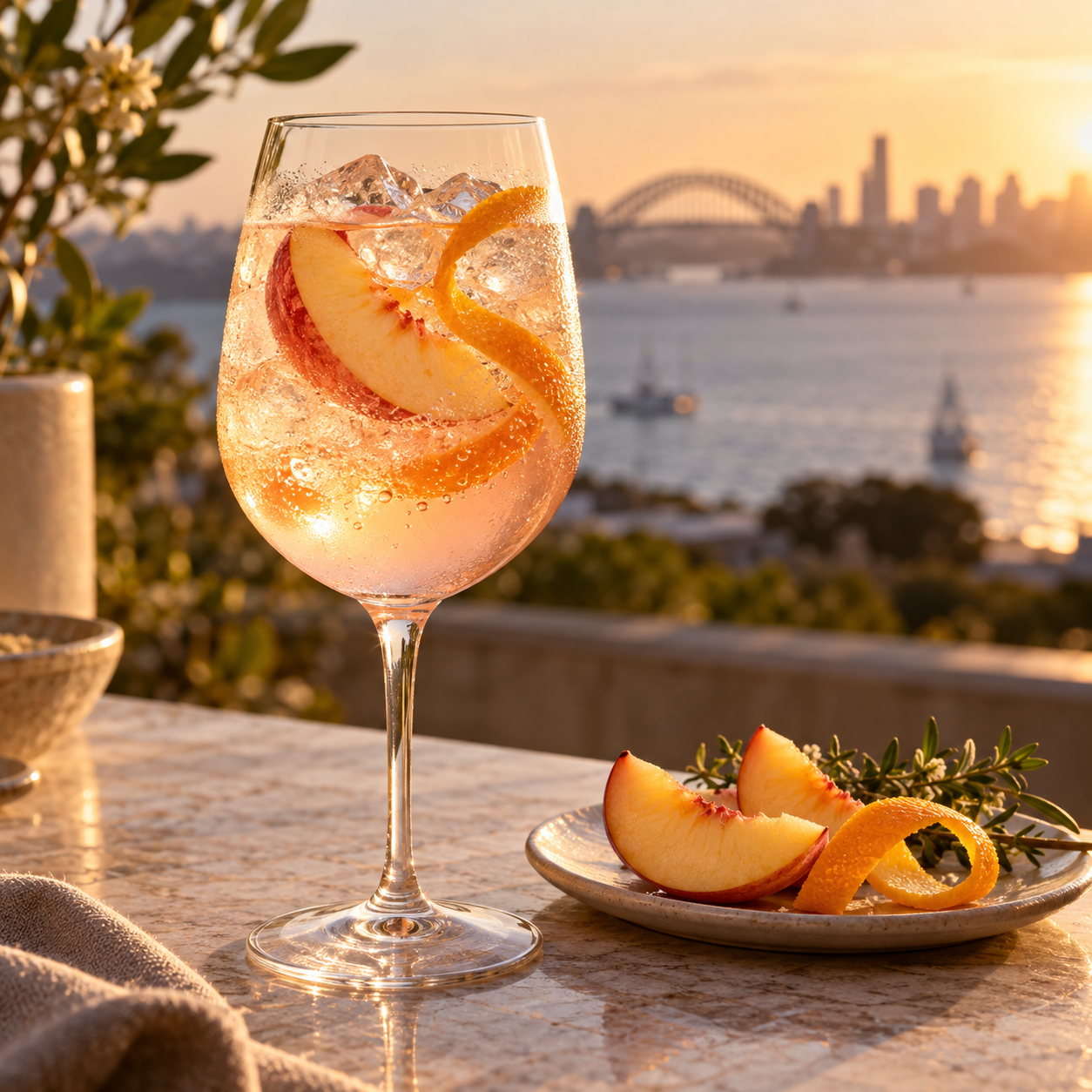 Hickson House Wild Peach Gin served with Fever-Tree Premium Soda Water, garnished with Peach Slice and Orange Peel