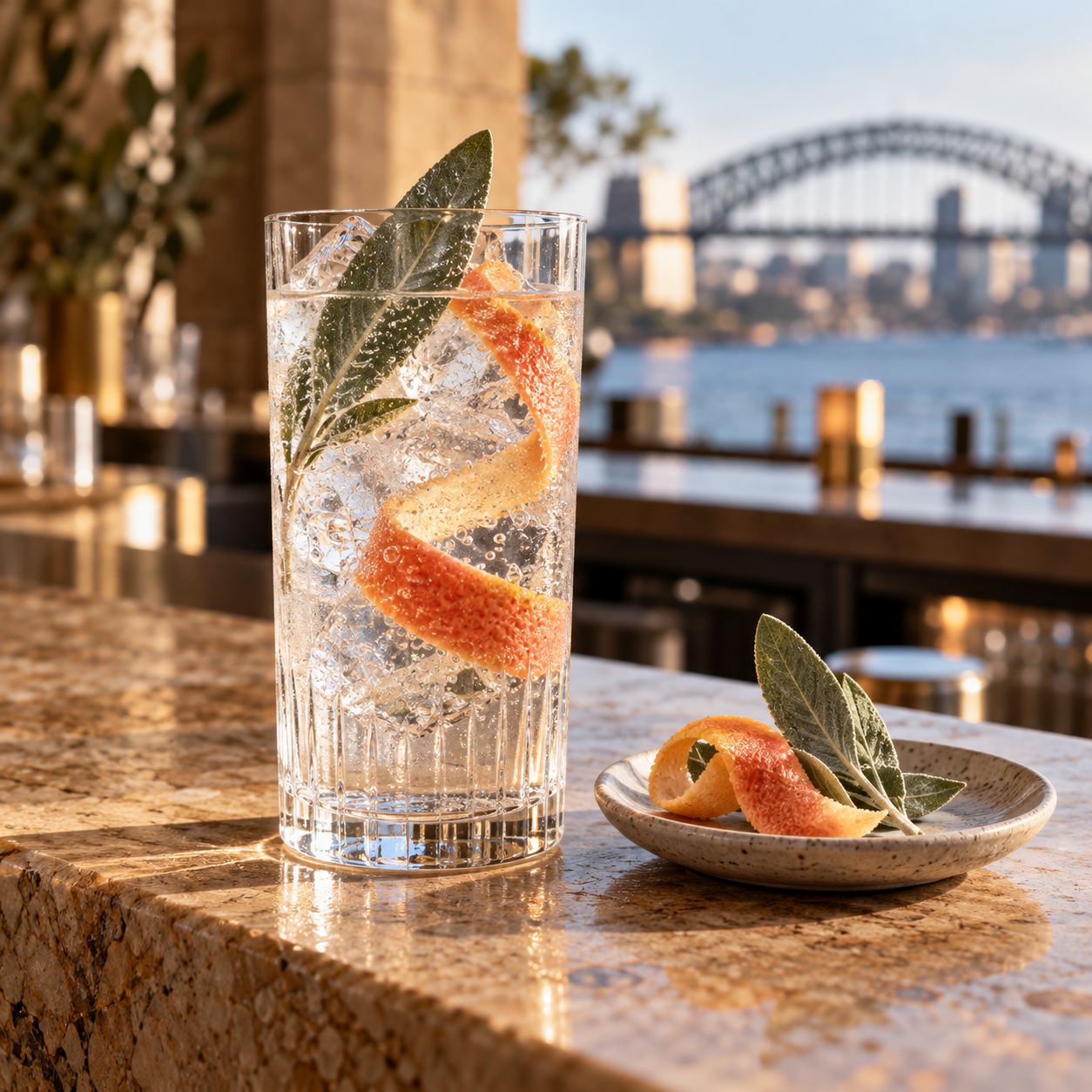 Hickson House Classic Dry Gin served with Fever-Tree Indian Tonic Water, garnished with Grapefruit Twist and Old Man Saltbush Leaf
