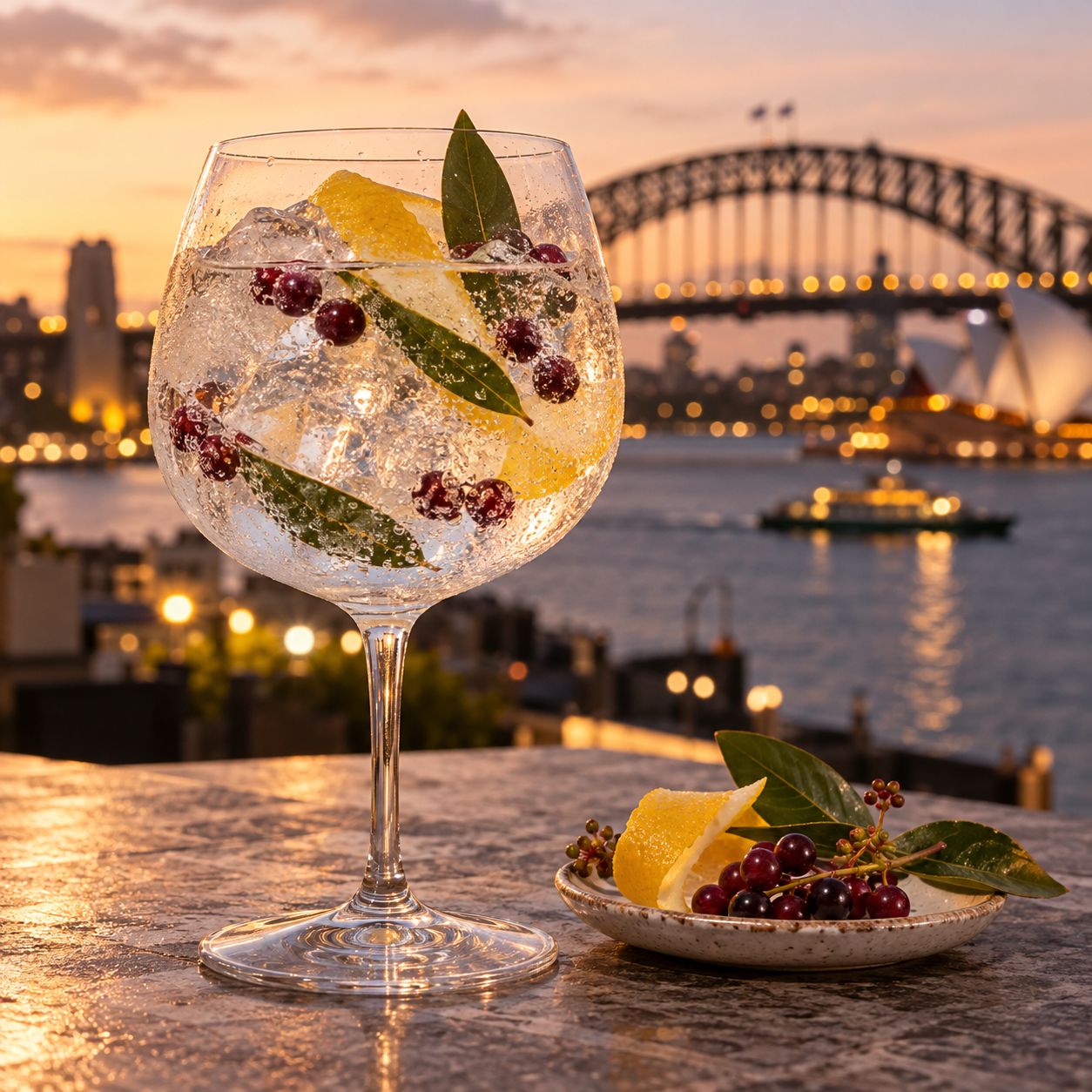 Hickson House Harbour Bridge Gin served with Q Drinks Q Indian Tonic Water, garnished with Lemon Aspen Peel and Lilly Pilly Berries