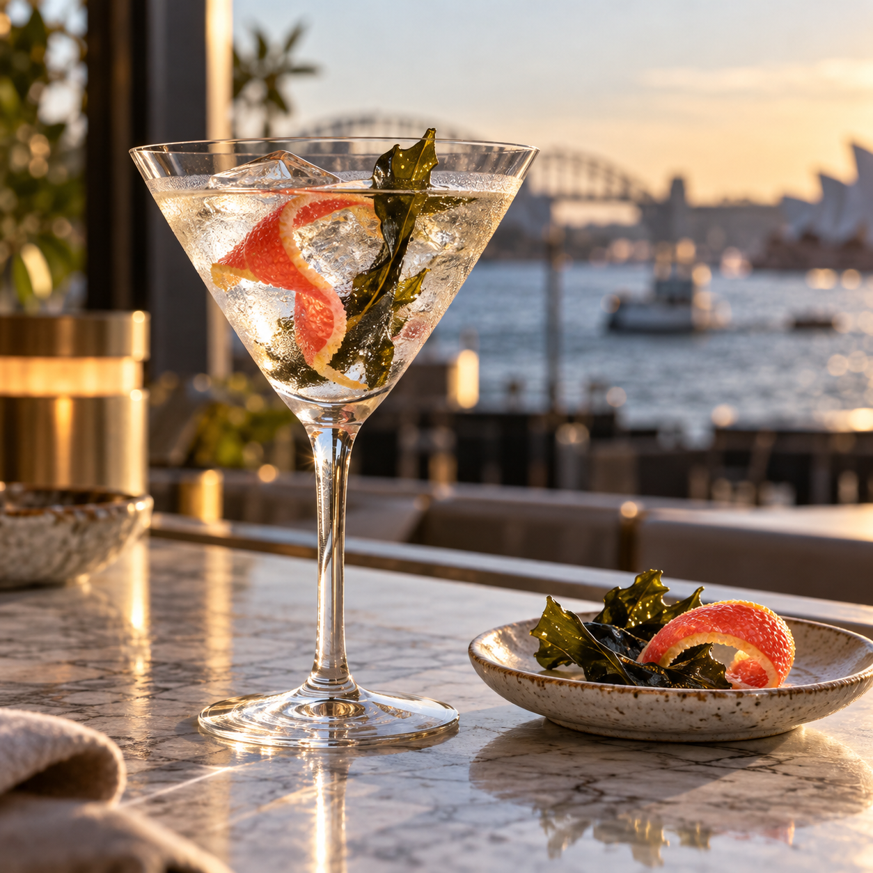 Hickson House Oyster Shell Gin served with Franklin & Sons Premium Indian Tonic Water, garnished with Ruby grapefruit peel and Seaweed Strip