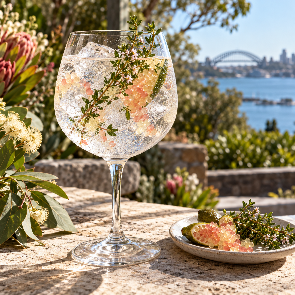 Hickson House Australian Dry Gin servi avec Fentimans Mediterranean Tonic Water, agrémenté de perles de citron caviar et brin de thym indigène