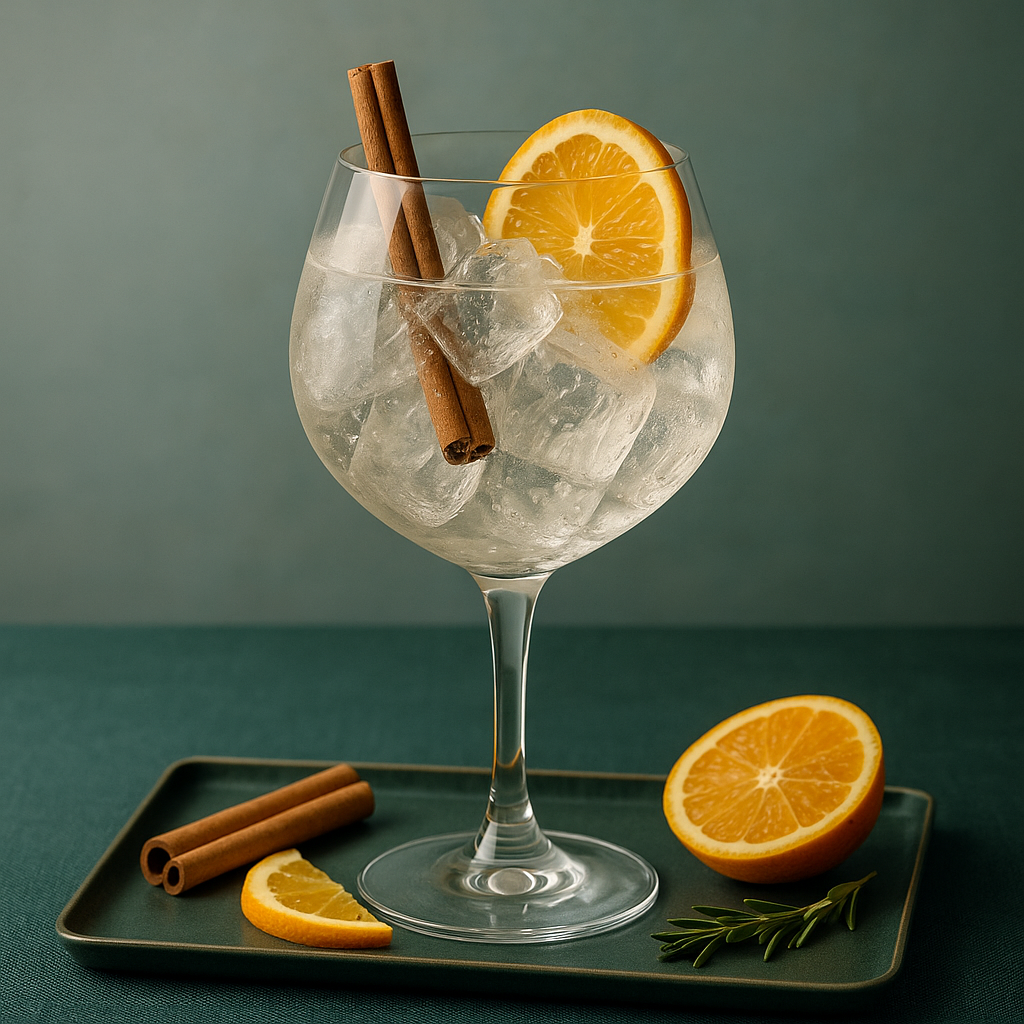 1836 Belgian Organic Winter Edition Gin served with Thomas Henry Spicy Ginger Beer, garnished with cinnamon stick and thin slice of fresh orange