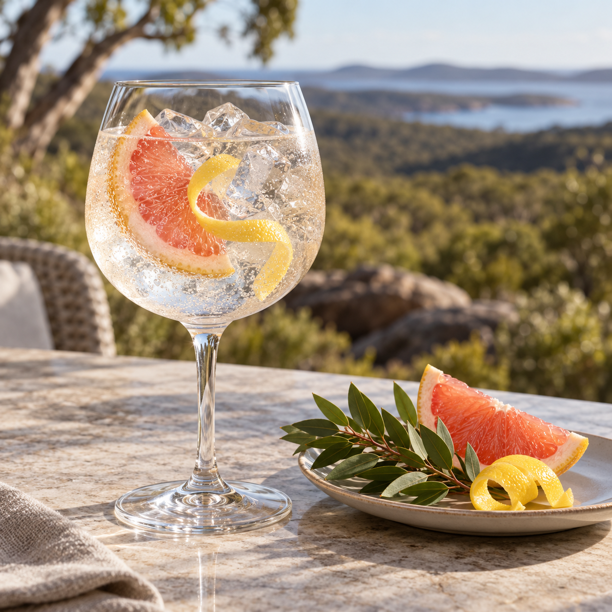 HHH Miss Myrtle Gin servi avec CAPI Grapefruit, agrémenté de rondelle de pamplemousse rose et zeste de citron