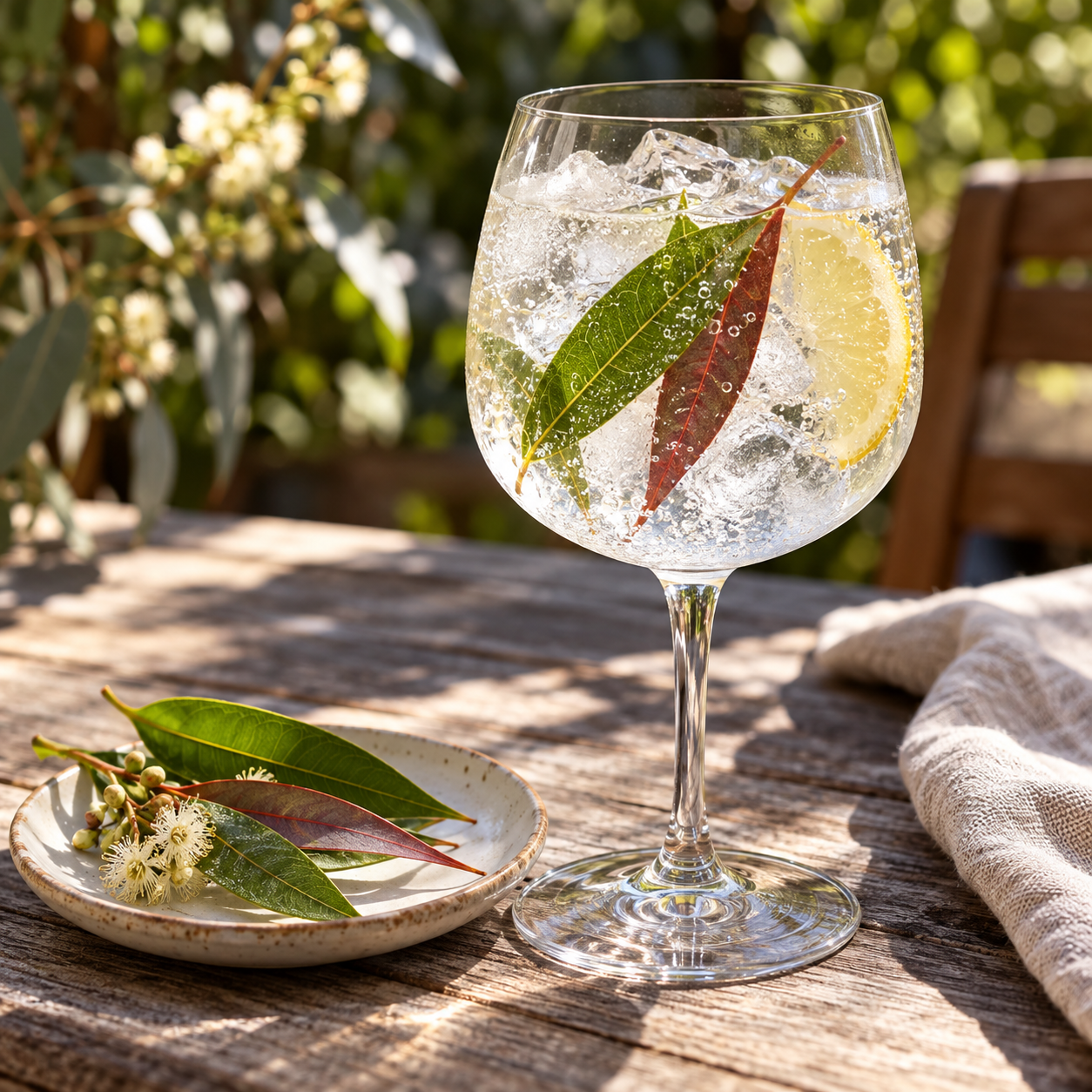 Happenstance Gin served with Double Dutch Indian Tonic Water, garnished with Lemon Myrtle Leaf and Strawberry Gum Leaf