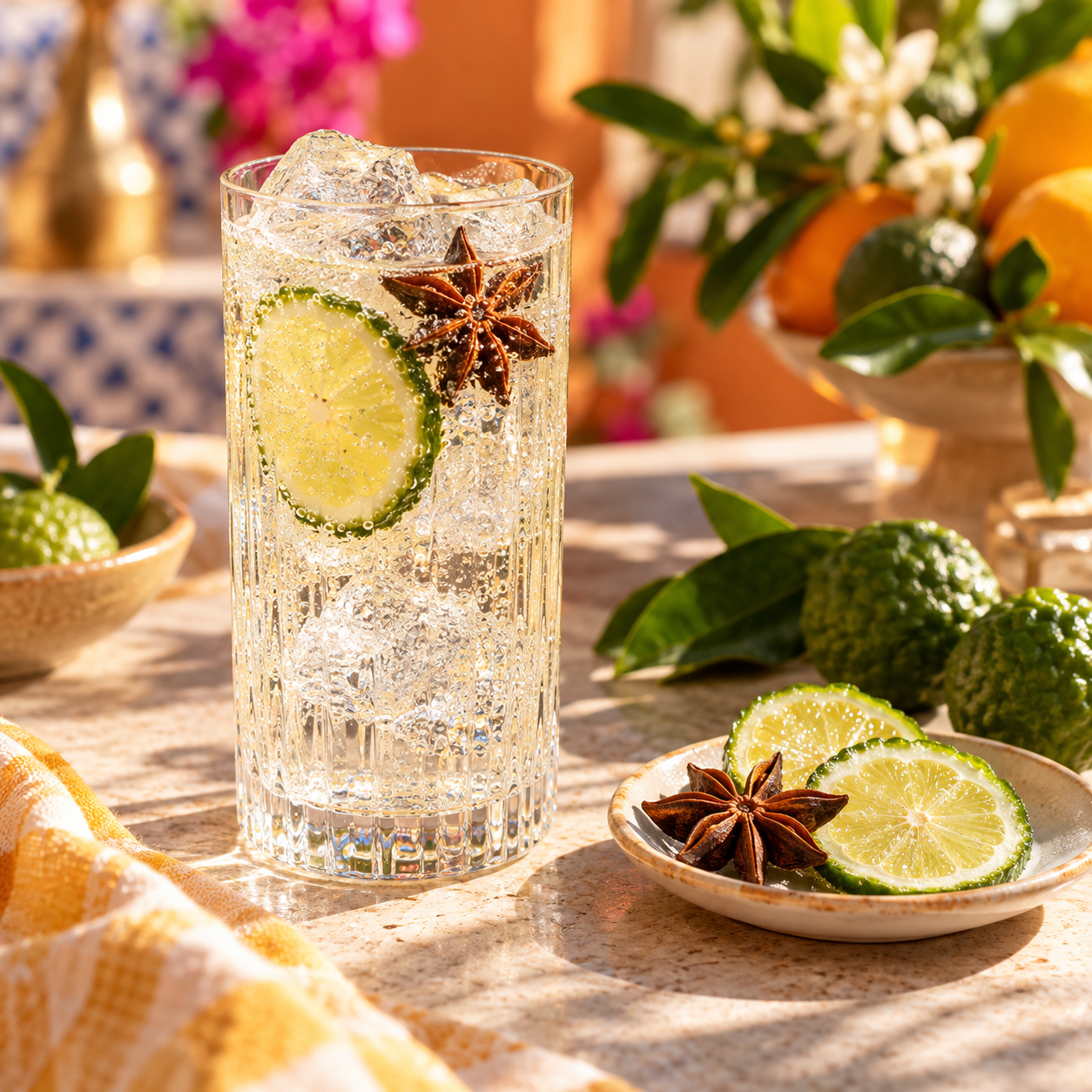 Happenstance Fiesta Gin served with Fever-Tree Refreshingly Light Indian Tonic Water, garnished with Kaffir Lime Wheel and Star Anise