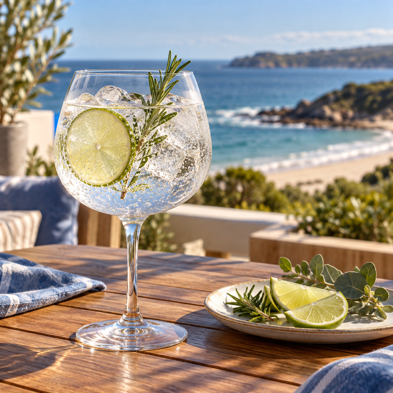 Gindu Coastal Gin served with Fever-Tree Indian Tonic Water, garnished with Lime Wheel and Coastal Rosemary