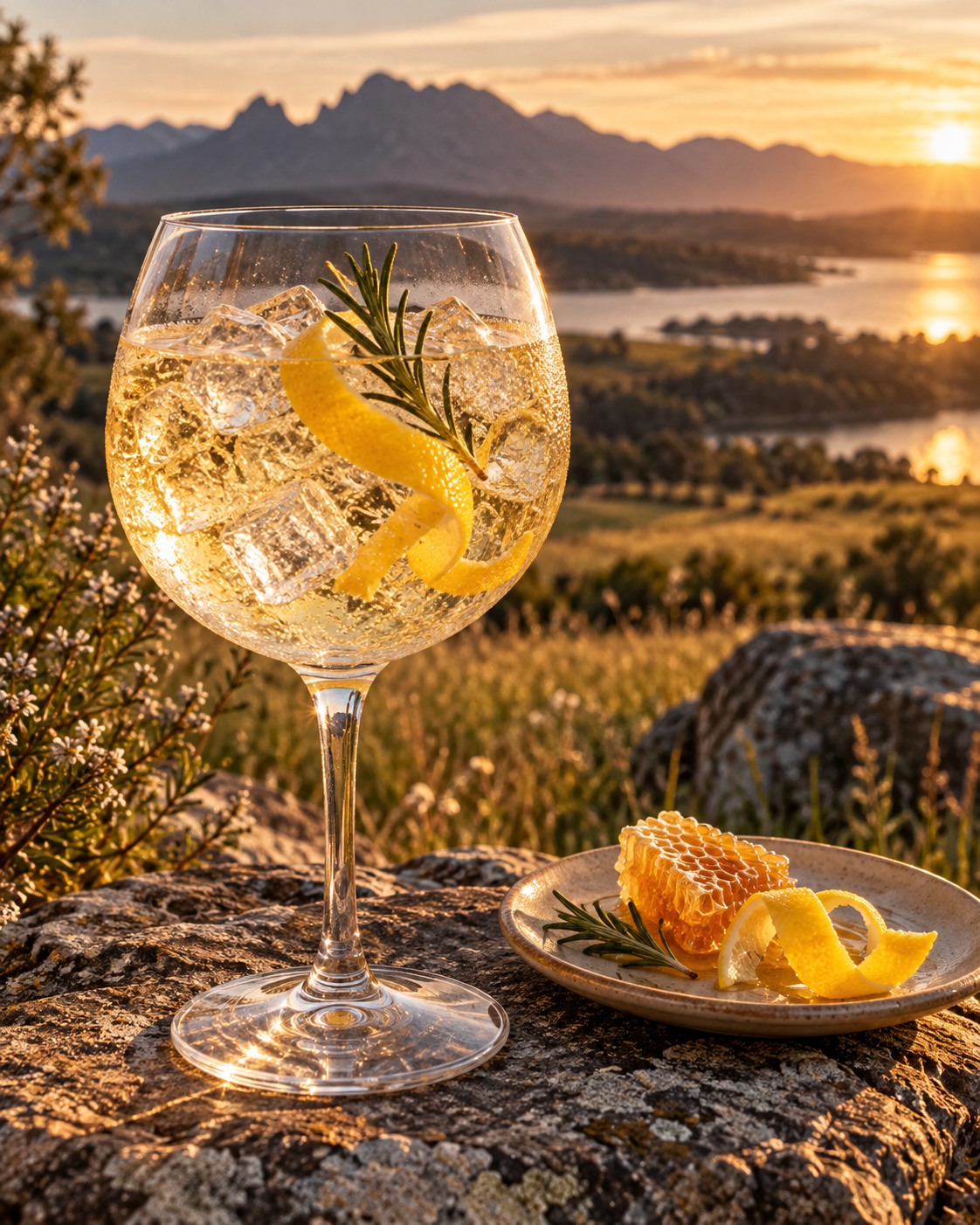 Forty Spotted Tassie Bush Honey Gin servi avec Fentimans Valencian Orange Tonic Water, agrémenté de zeste d'orange et feuille de rooibos