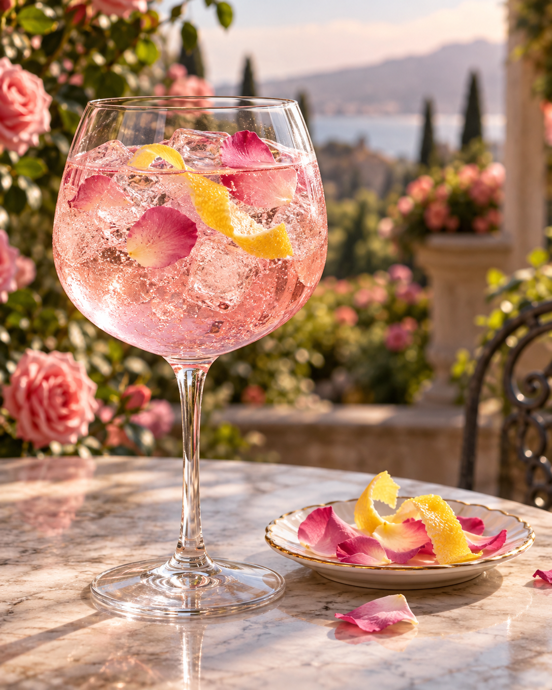 Forty Spotted Wild Rose Gin served with Fever-Tree Elderflower Tonic Water, garnished with Rose Petal and Lemon Peel