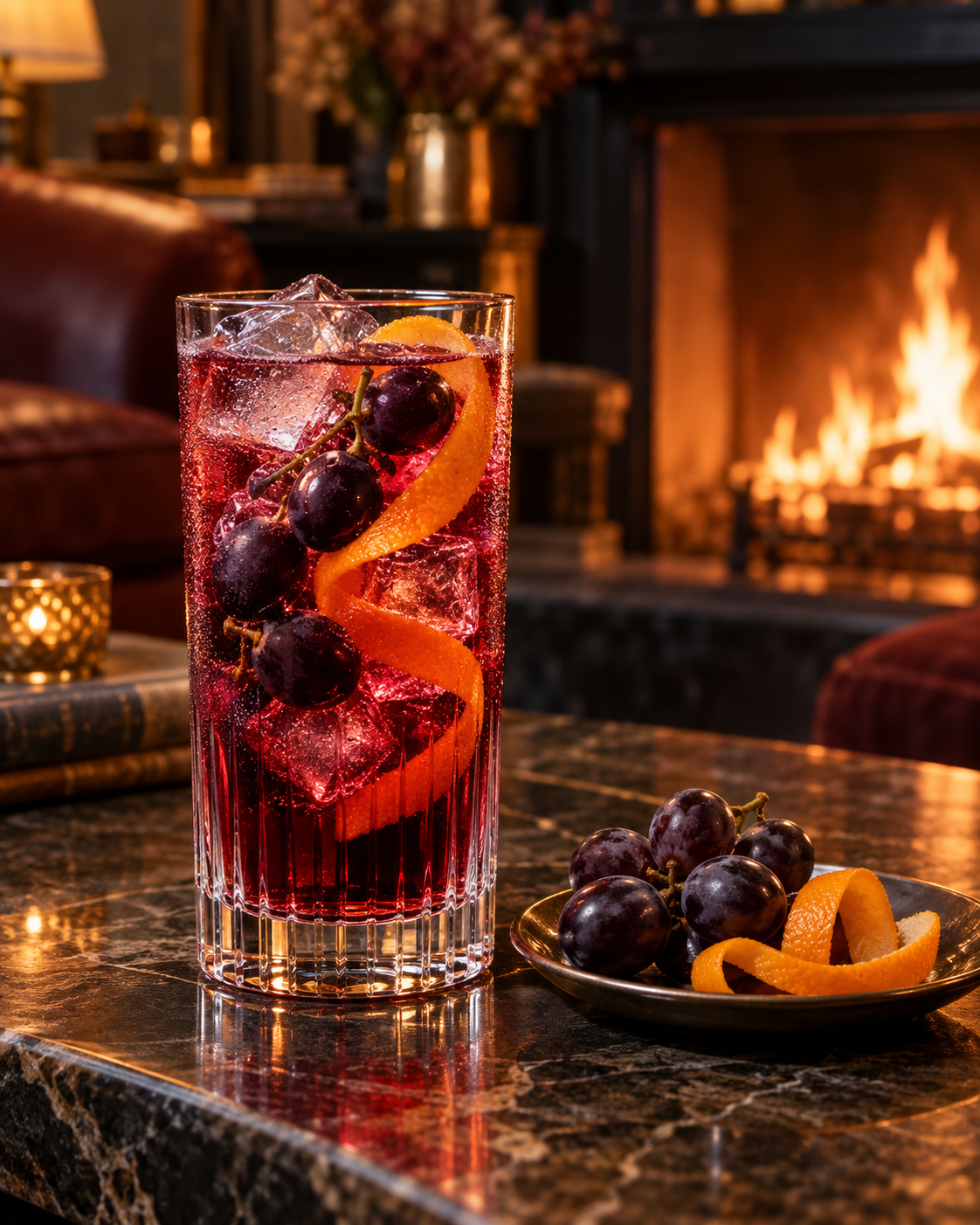 Forty Spotted Pinot Noir Gin servi avec Thomas Henry Pink Grapefruit, agrémenté de raisin noir et zeste d'orange