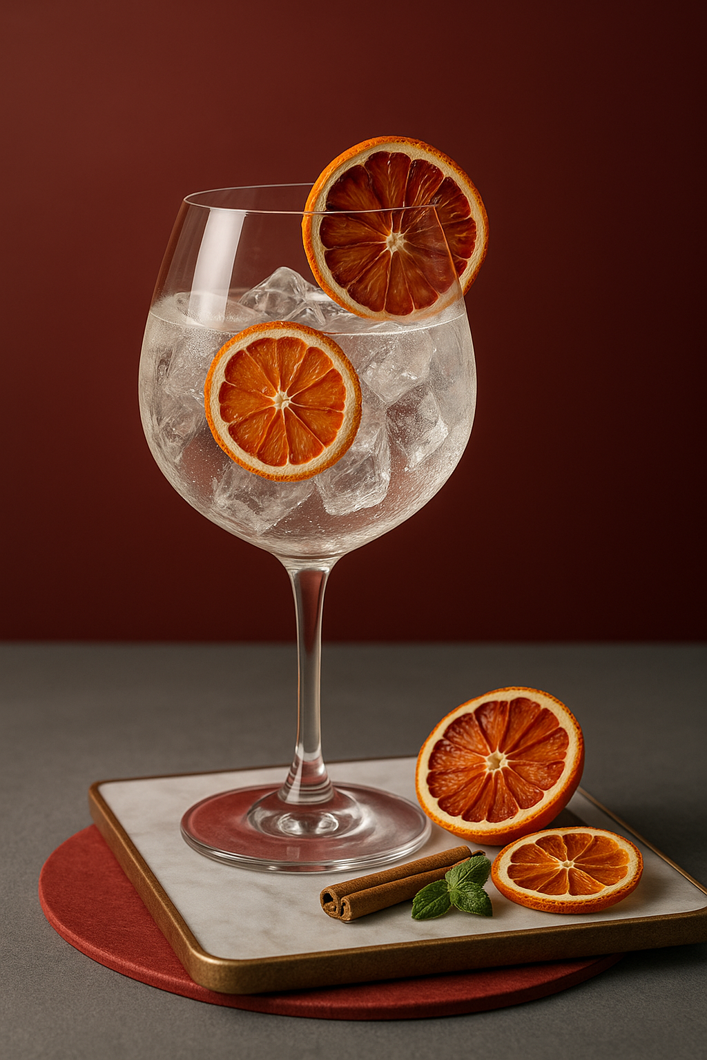 Gin de Binche Winter Edition servi avec Fentimans Valencian Orange Tonic Water, agrémenté de thin slice of dehydrated blood orange