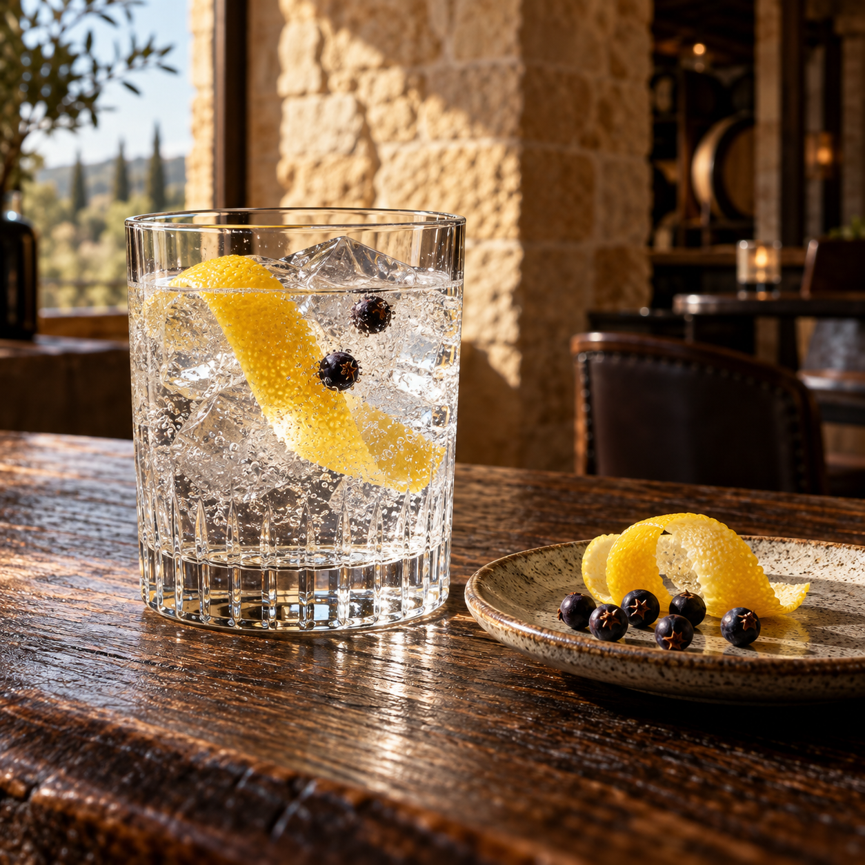 Five Eleven Signature Gin served with Fentimans Premium Indian Tonic Water, garnished with Lemon Peel and Juniper Berries