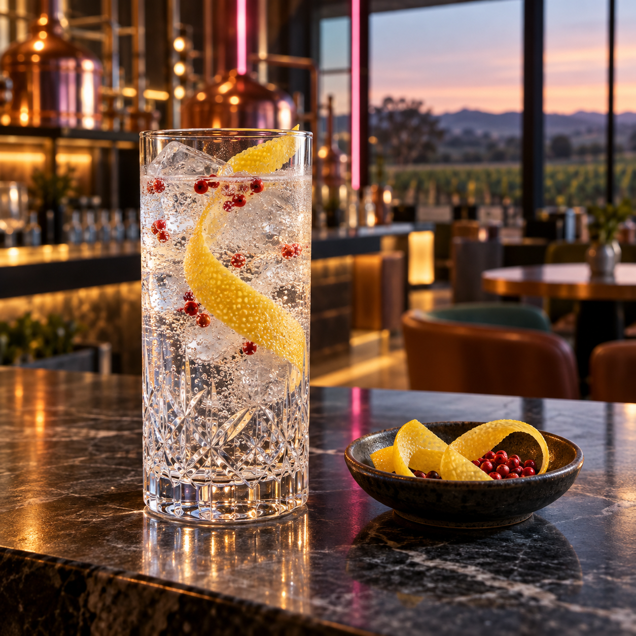 Five Eleven Neon Noir Gin served with Q Drinks Q Indian Tonic Water, garnished with Lemon Wheel and Pink Peppercorns