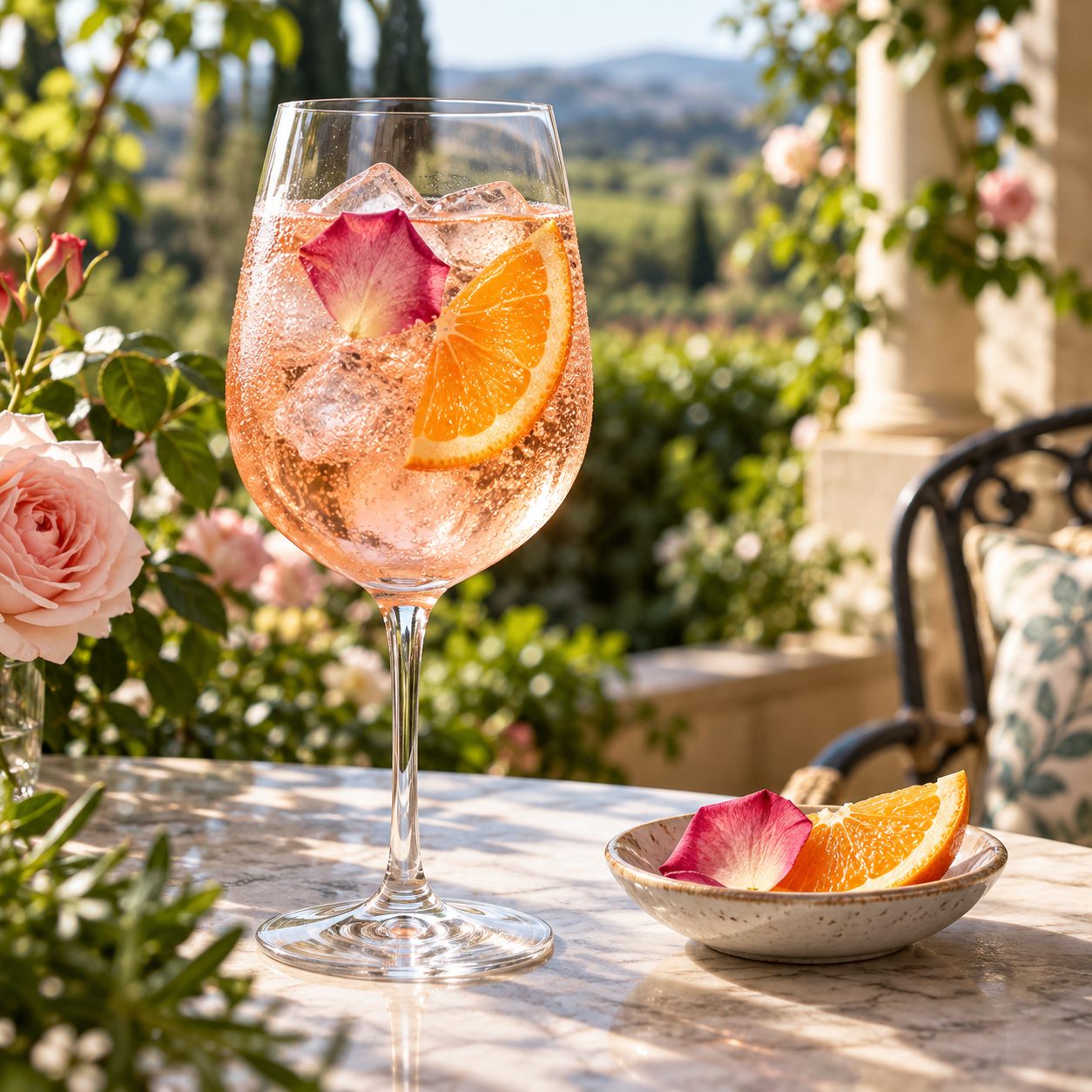 Five Eleven Róisín Rose Gin served with Double Dutch Elderflower Tonic, garnished with Rose Petal and Orange Peel