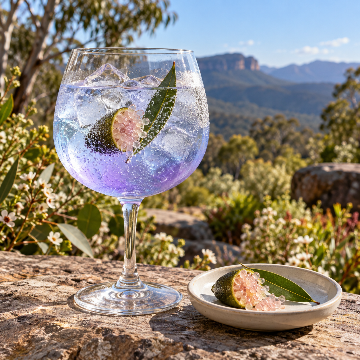 Cauldron True Blue Gin served with The London Essence Company Original Indian Tonic Water, garnished with Finger Lime Pearls and Aniseed Myrtle Leaf