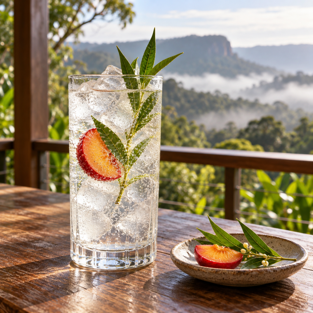 Cauldron Mountain Gin served with Double Dutch Indian Tonic Water, garnished with Quandong Slice and Lemon Myrtle Leaf