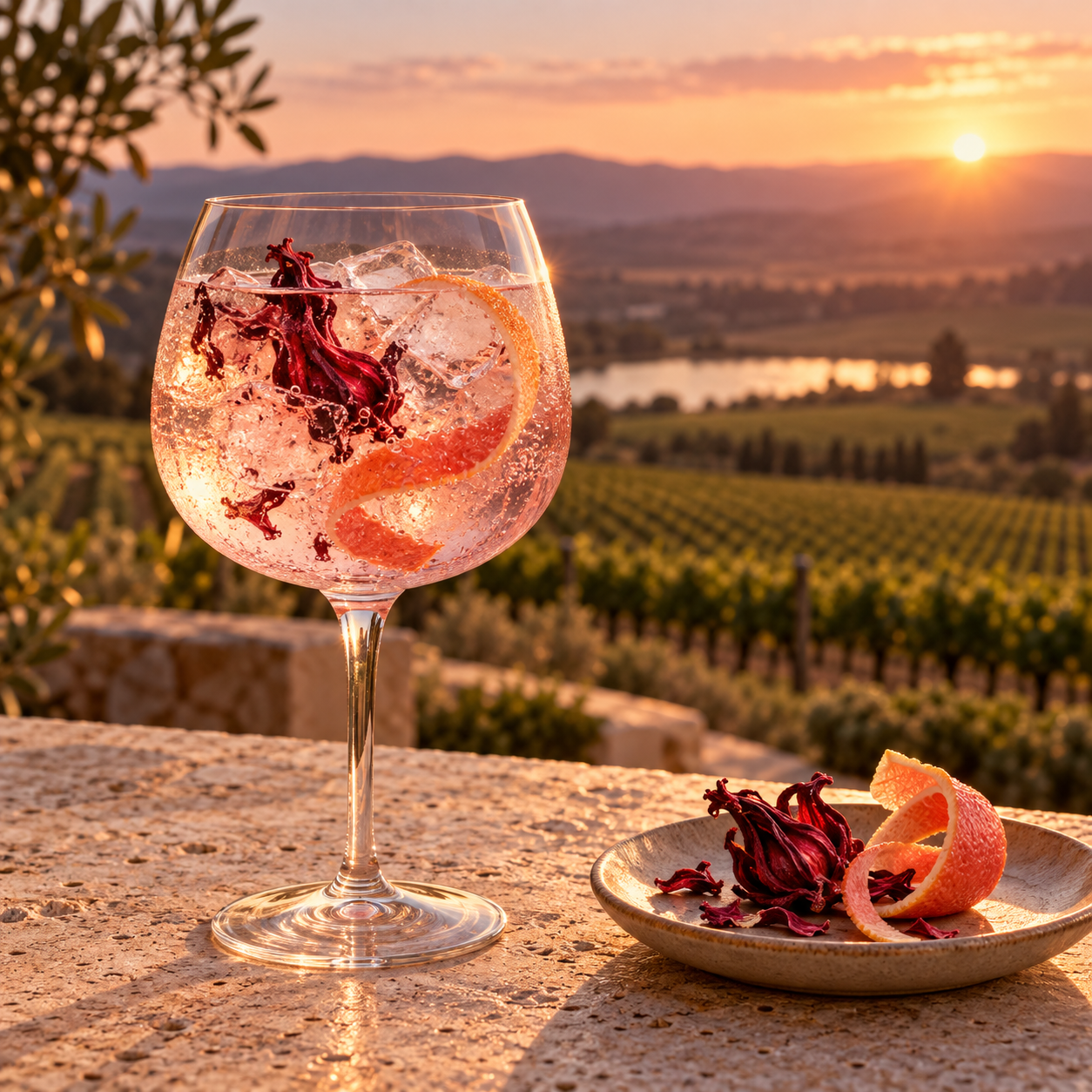 Cauldron Sunset Gin served with Fever-Tree Mediterranean Tonic Water, garnished with Red Grapefruit Wheel and Dried Hibiscus