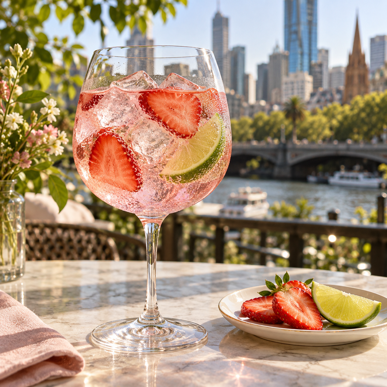 Brogan's Way Strawberries & Cream Gin servi avec Fever-Tree Elderflower Tonic Water, agrémenté de tranches de fraise frais et quartier de citron vert