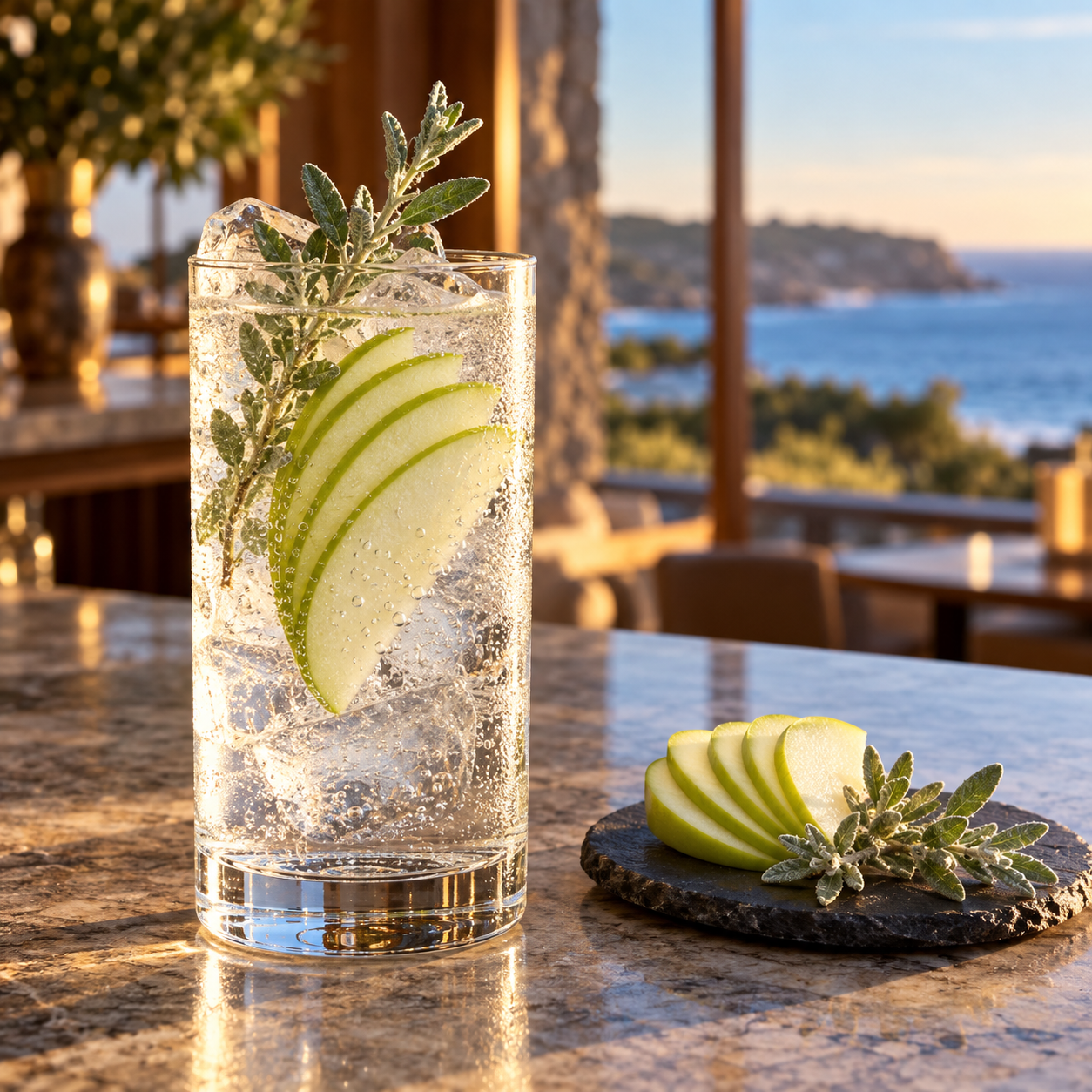 Cauldron Coastal Navy Strength Gin served with Franklin & Sons Premium Indian Tonic Water, garnished with Green Apple Slice and Saltbush Leaf