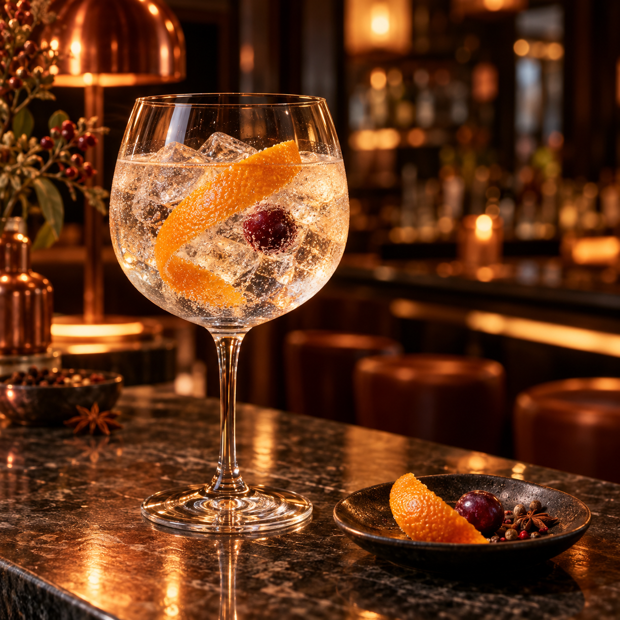 Brogan's Way Hearts Afire Gin servi avec Thomas Henry Aromatic Tonic Water, agrémenté de zeste d'orange et baie de lilli pilli