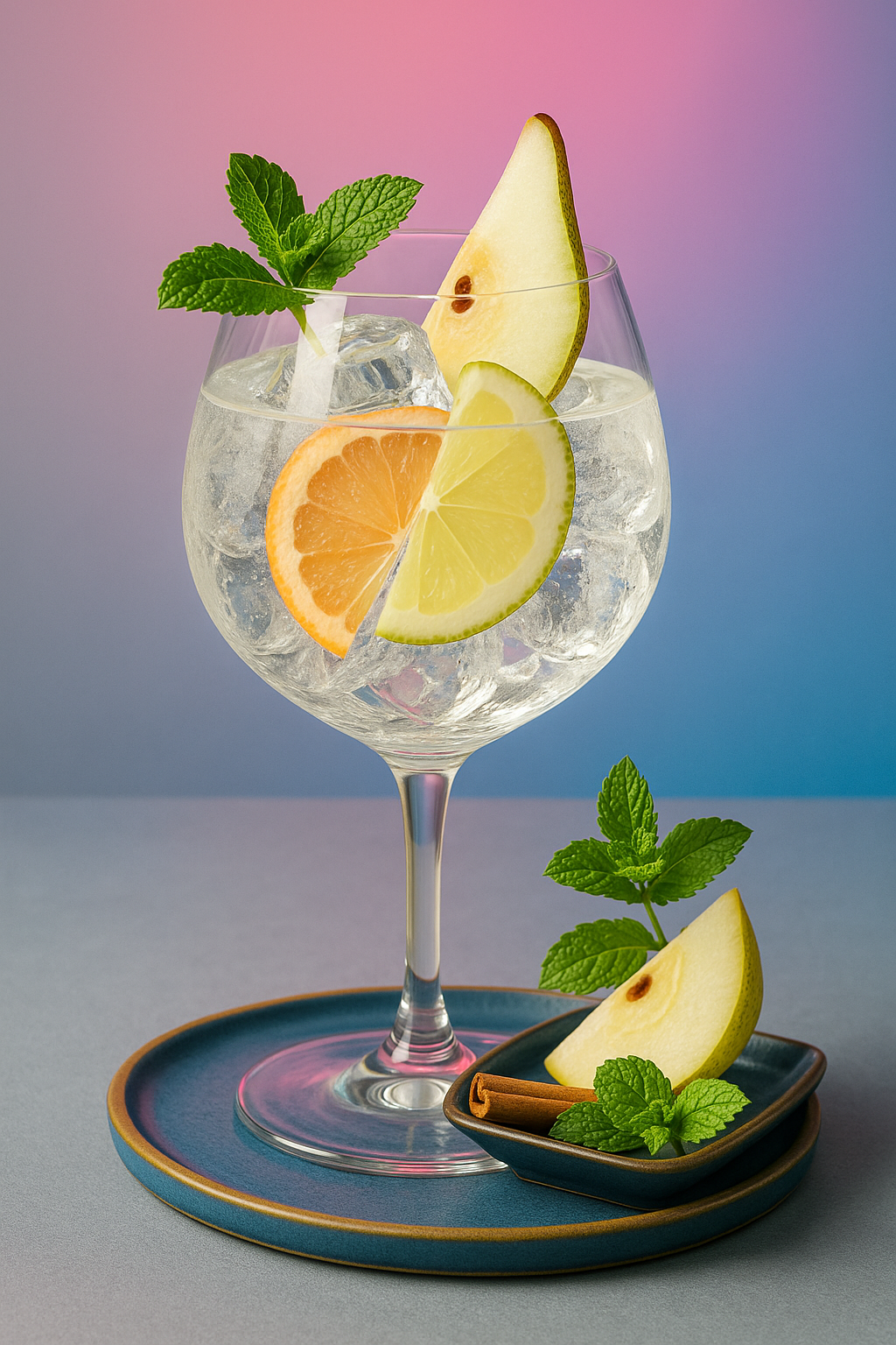 Sir Chill Summer Edition served with Thomas Henry Botanical Tonic, garnished with Thin slice of fresh conference pear and Lightly slapped mint sprig