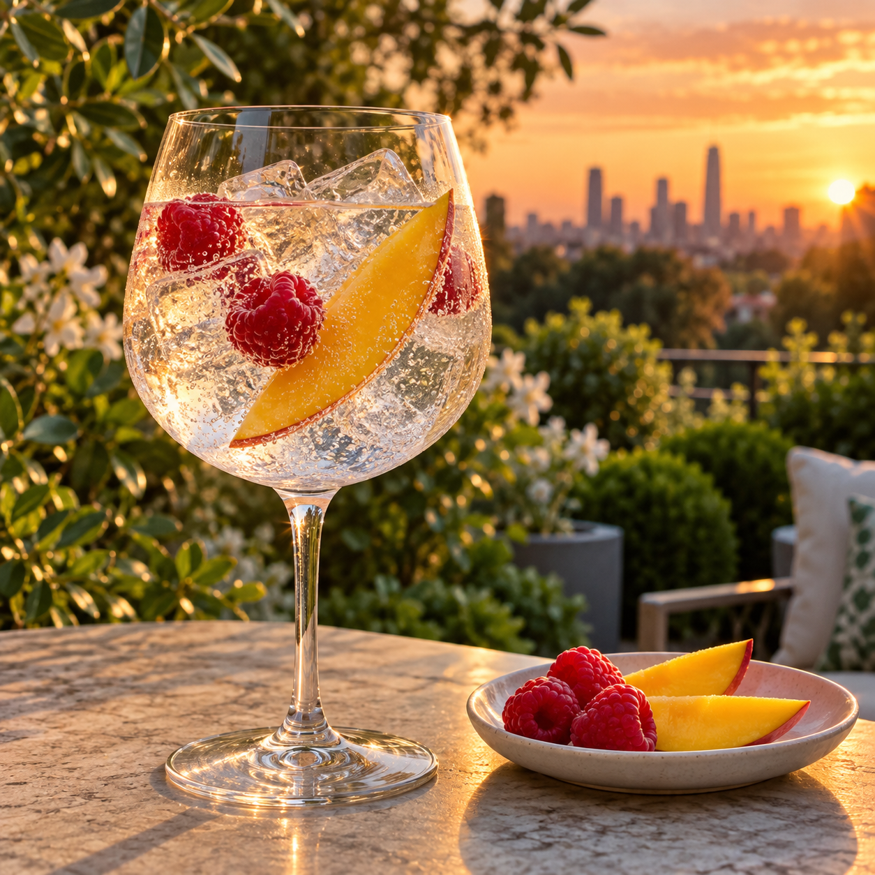 Brogan's Way Evening Light Gin served with East Imperial Yuzu Tonic, garnished with Fresh Strawberry and Mango Slice