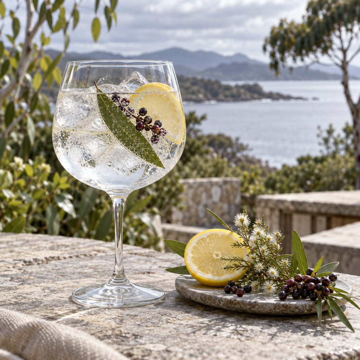 Bright Night Wild Tasmanian Gin served with Fever-Tree Mediterranean Tonic Water, garnished with Lemon Peel and Kunzea Sprig