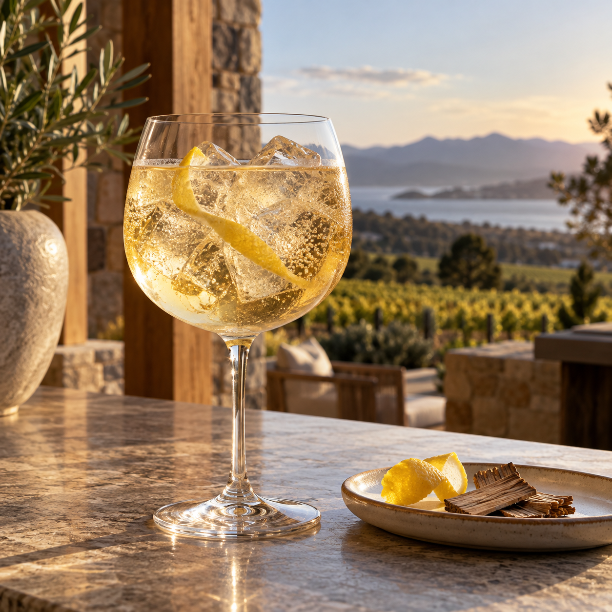 Bright Night Chardonnay Barrel Aged Gin served with Fever-Tree Mediterranean Tonic Water, garnished with Lemon twist and Oak Shaving