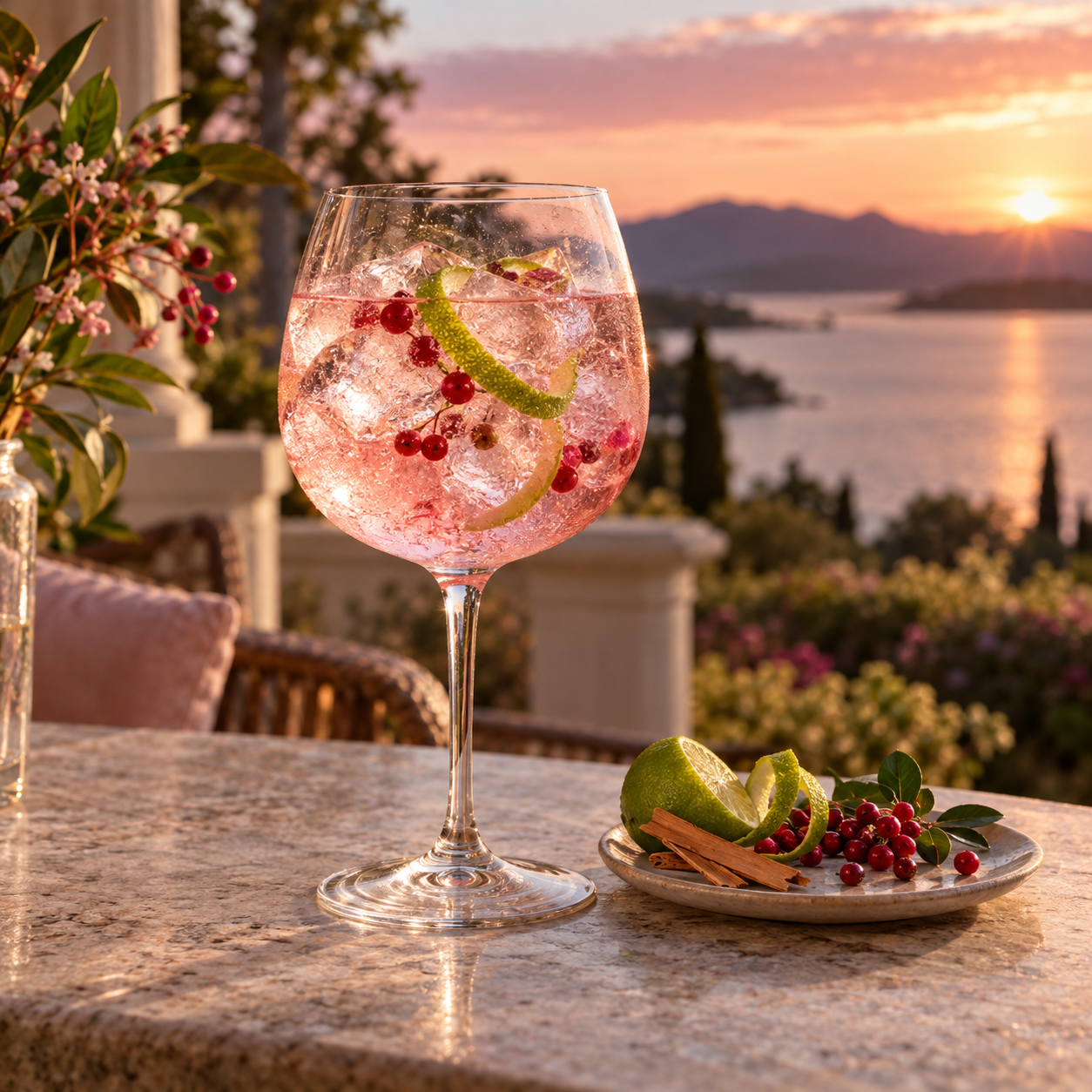 Bright Night Pink Gin servi avec Fever-Tree Mediterranean Tonic Water, agrémenté de baies de murtis et rondelle de citron vert