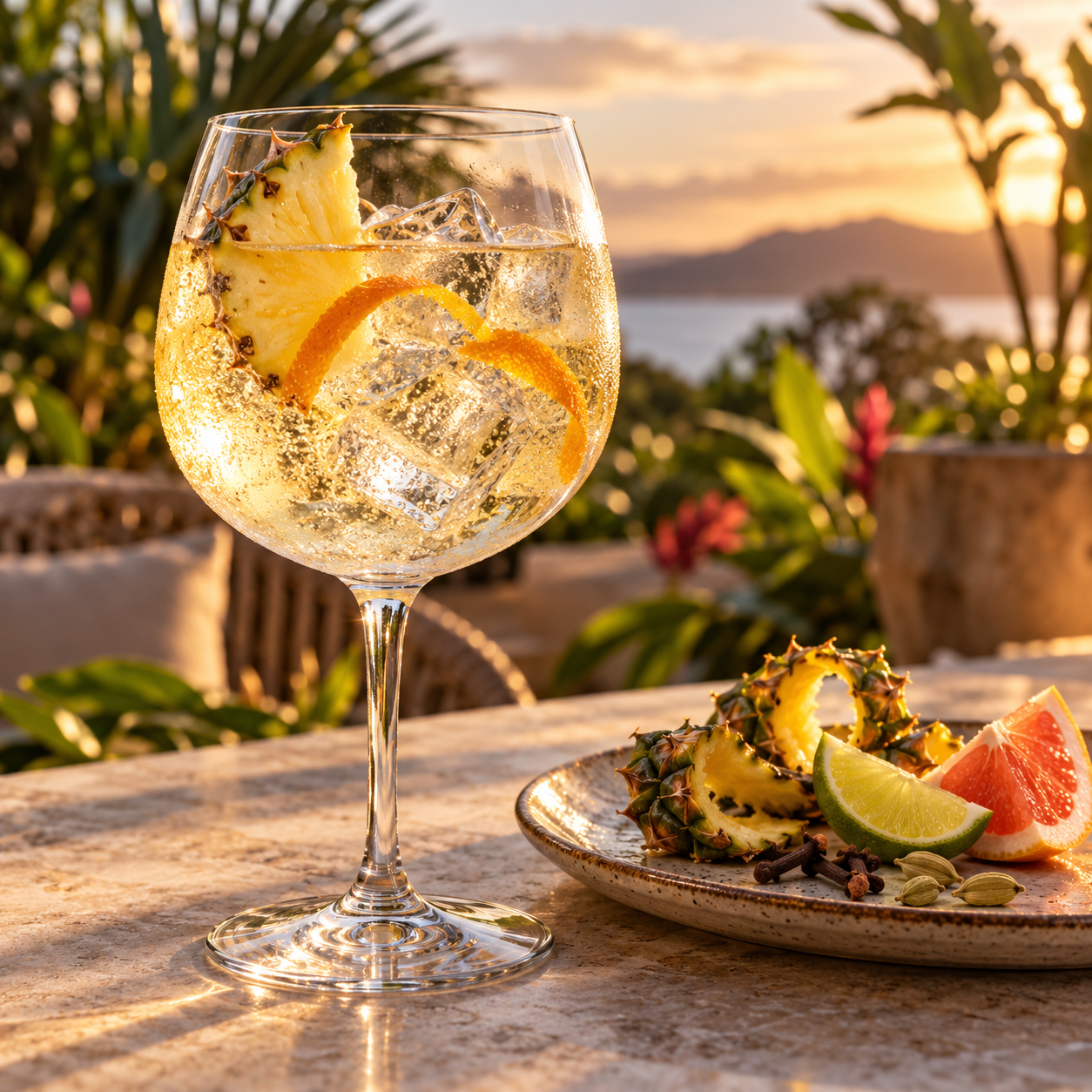 Botanik Tiki Gin served with Thomas Henry Mediterranean Tonic, garnished with Pineapple and Orange Peel