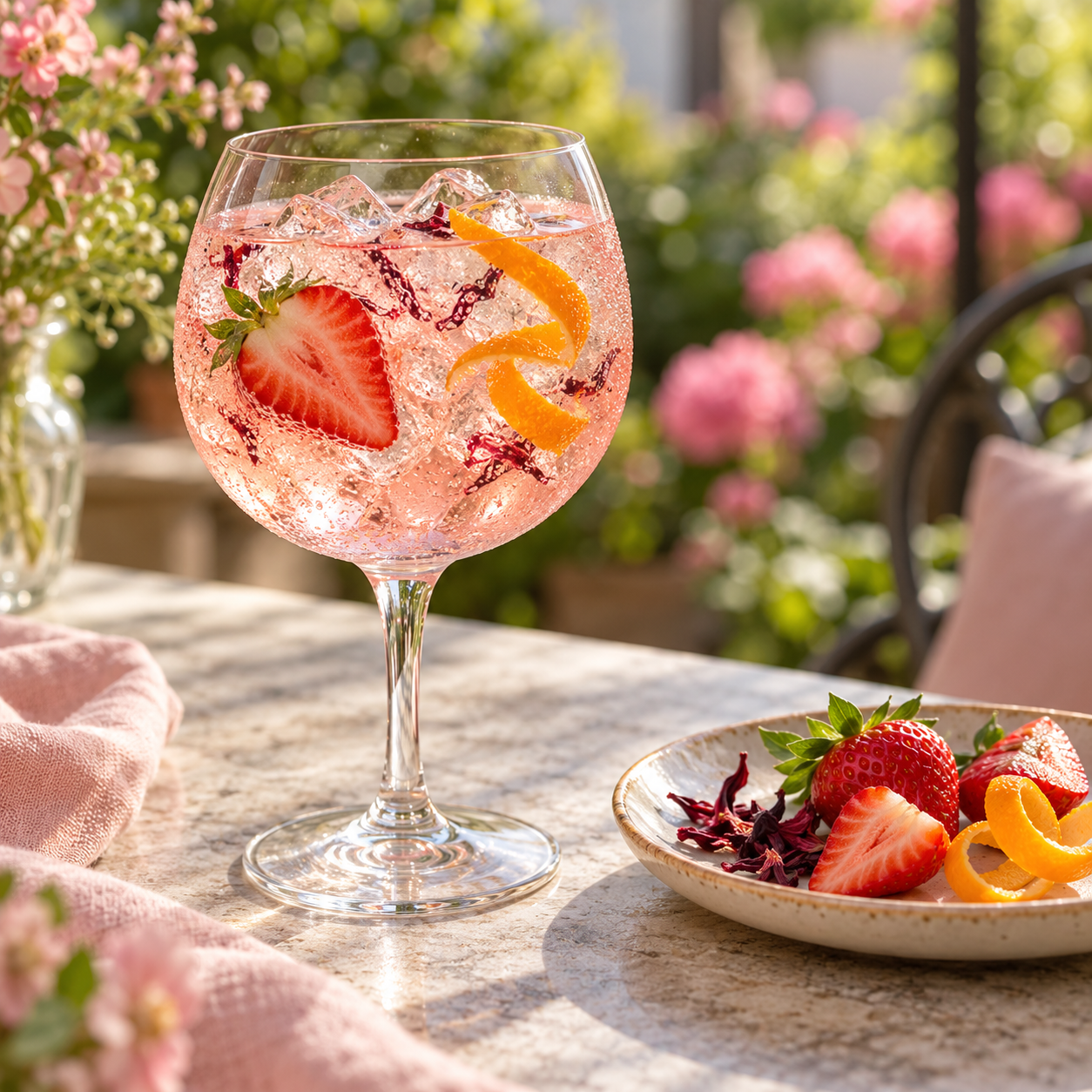 Botanik Pink Gin servi avec Fever-Tree Mediterranean Tonic Water, agrémenté de fraise et zeste d'orange