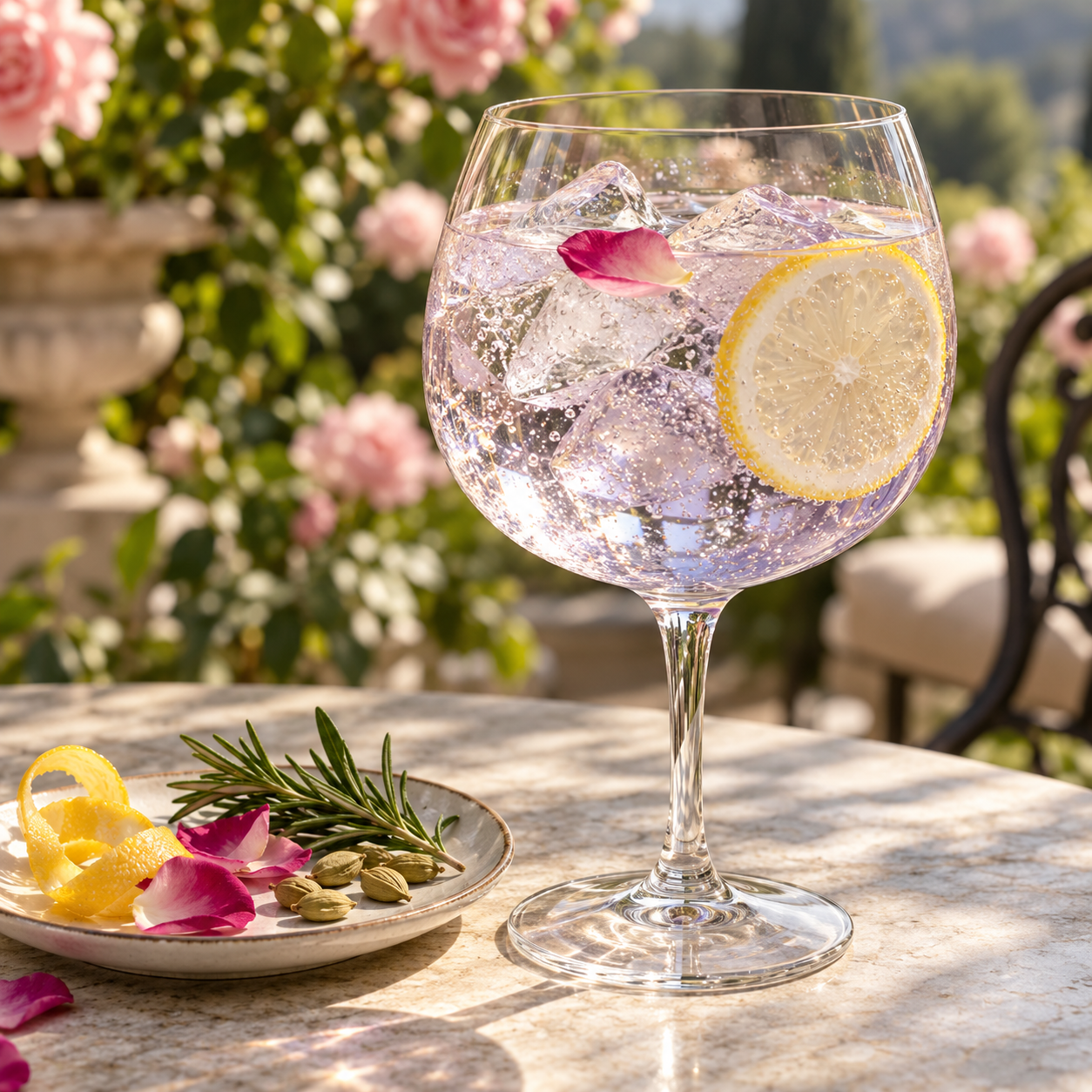 Botanik Spice Dry Gin served with Fentimans Mediterranean Tonic Water, garnished with Lemon Peel and Rosemary