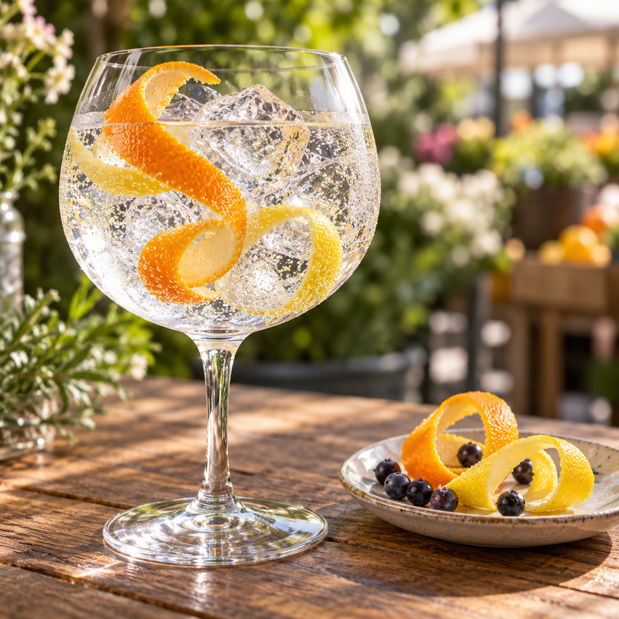 Botanik London Dry Gin served with Q Drinks Q Indian Tonic Water, garnished with Orange Peel and Lemon Peel