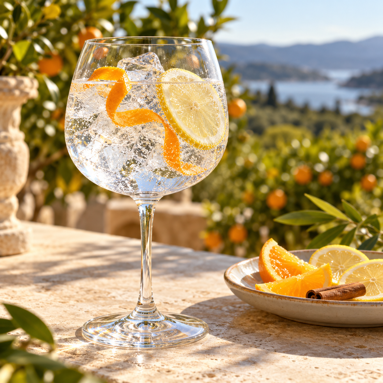 Botanik Citrus Dry Gin served with The London Essence Company Mediterranean Seville Orange Tonic, garnished with Orange Peel and Lemon Peel