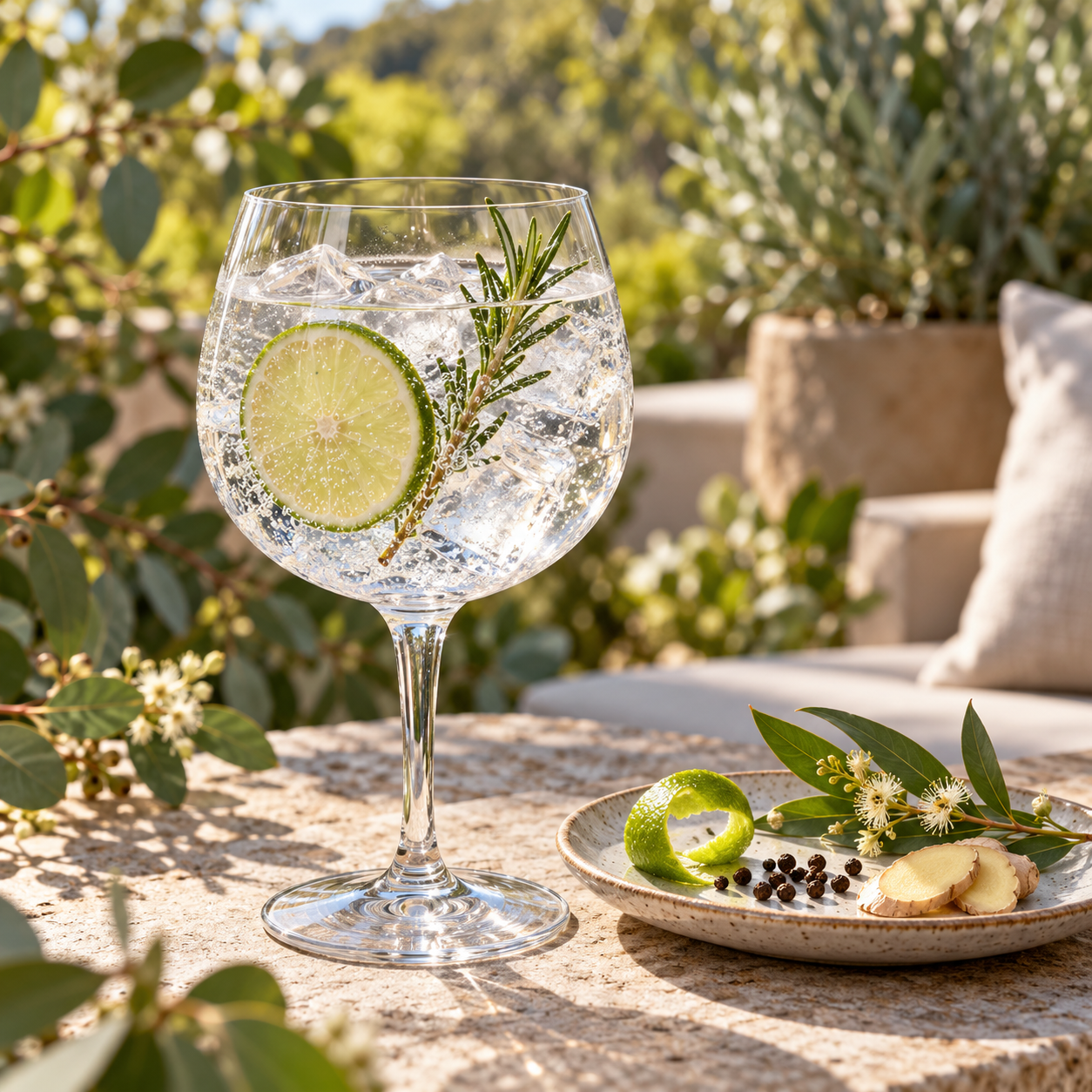 Botanik Aussie Gin served with Franklin & Sons Mediterranean Tonic Water, garnished with Lime Wheel and Rosemary