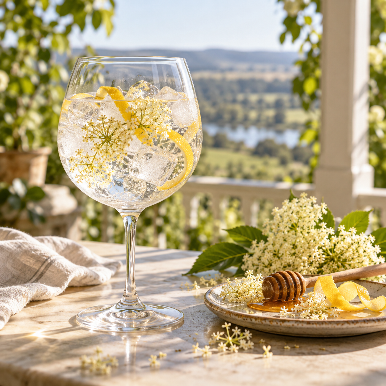 Triple Juniper with Elder Flower servi avec Fever-Tree Mediterranean Tonic Water, agrémenté de fleur de sureau et rondelle de citron