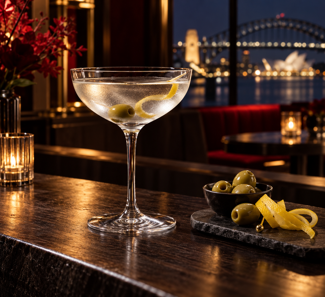 Unholy Water Gin served, garnished with Lemon twist and Green Olive