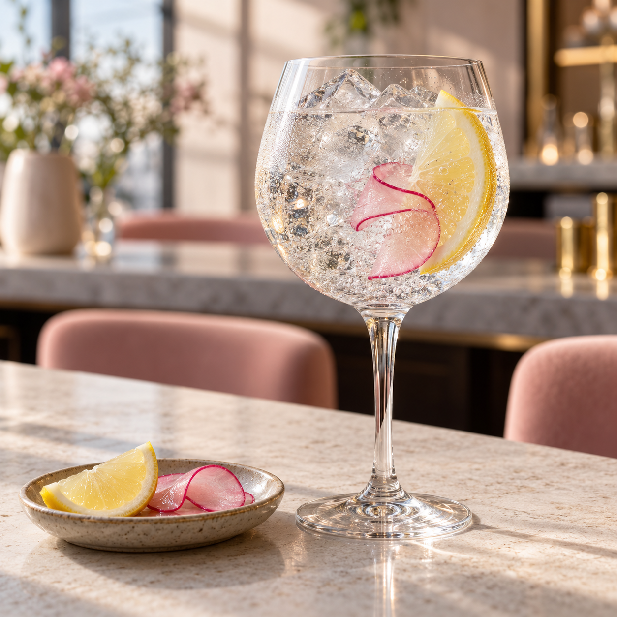 Haiver Modern Classic Gin served with The London Essence Company Classic Tonic Water, garnished with Lemon Peel and Pickled Radish