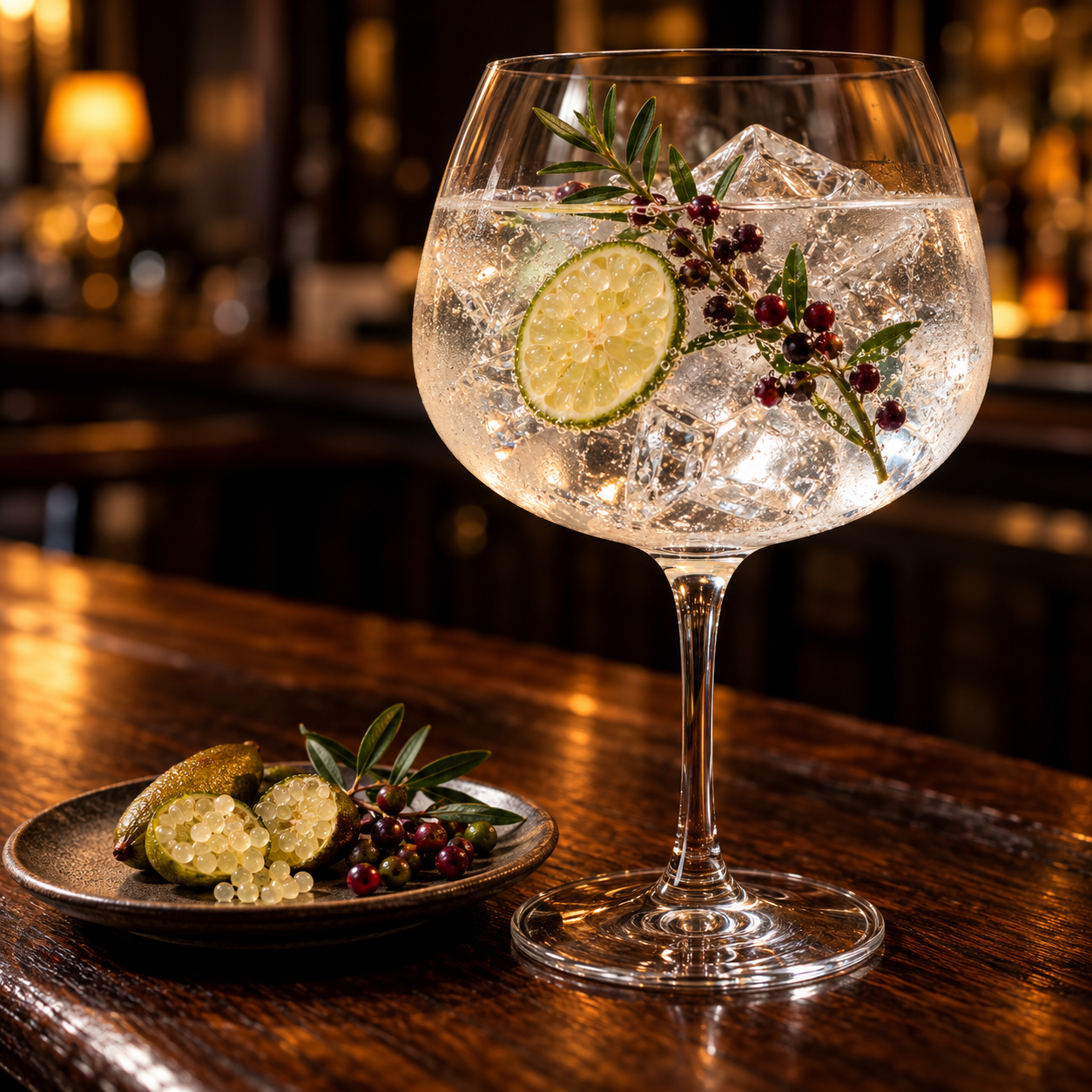 Ester The Strong served with Thomas Henry Dry Tonic, garnished with Finger Lime and Tasmanian Pepperberry
