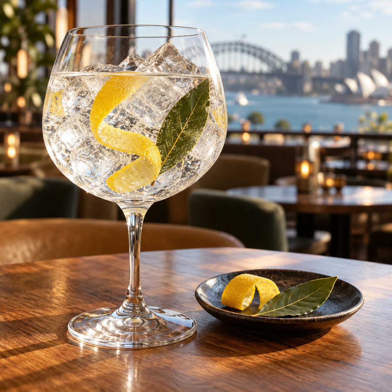 Ester The Dry served with Q Drinks Q Indian Tonic Water, garnished with Lemon Peel and Finger Lime