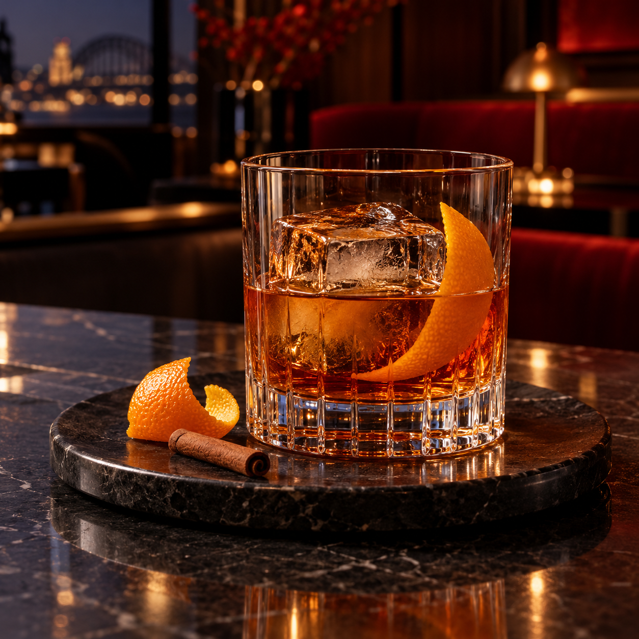 Ester Barrel Aged Gin No 02 servi, agrémenté de zeste d'orange