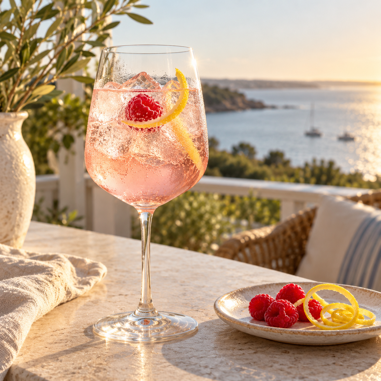 Bellarine Spirits Signature Pink Gin served with Fever-Tree Premium Soda Water, garnished with Lemon Wheel and Raspberry
