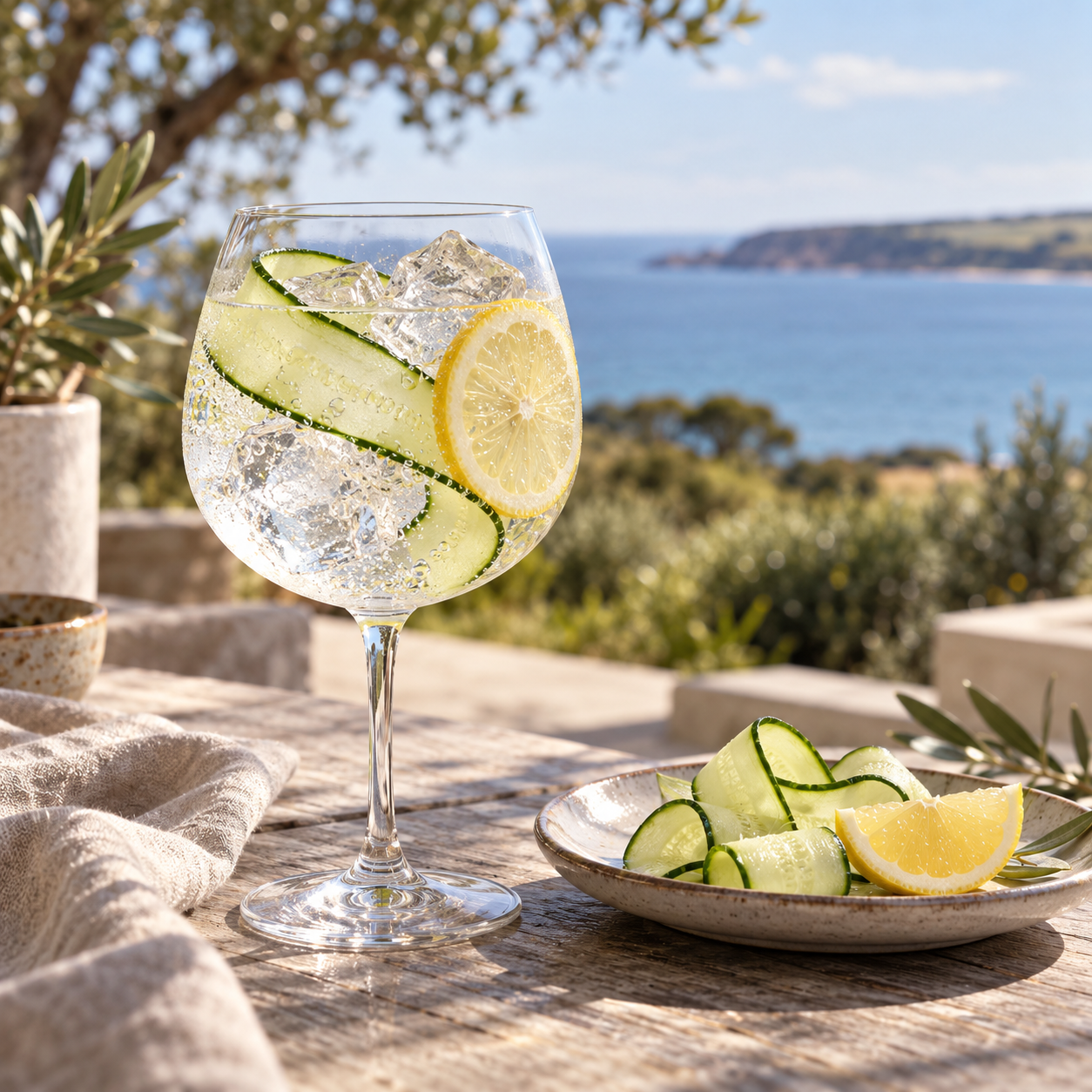 Bellarine Spirits Signature Gin served with The London Essence Company Classic Tonic Water, garnished with Cucumber Ribbon and Lemon Peel