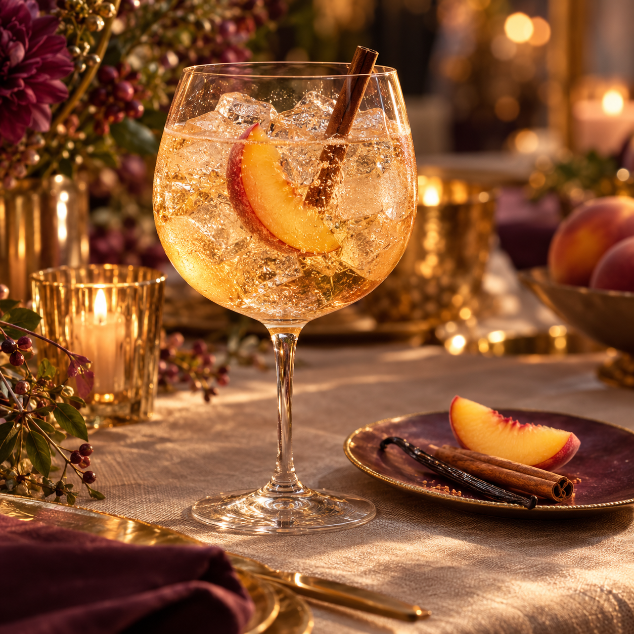 Bellarine Spirits The Celebration Gin served with Double Dutch Skinny Tonic Water, garnished with Peach Slice and Orange Peel